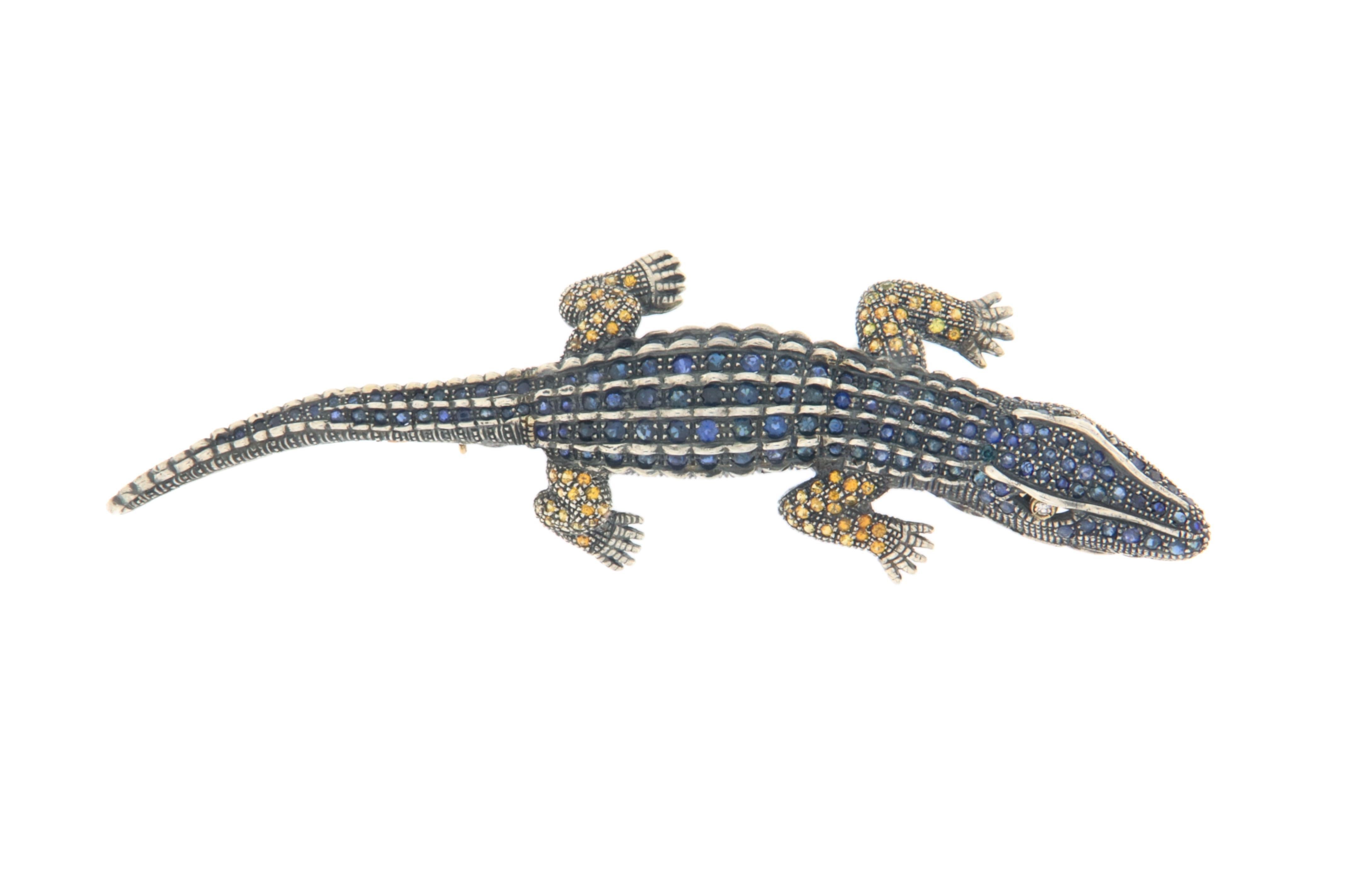 Crocodile Sapphires Diamonds 14 Karat Yellow Gold Brooch In New Condition For Sale In Marcianise, IT