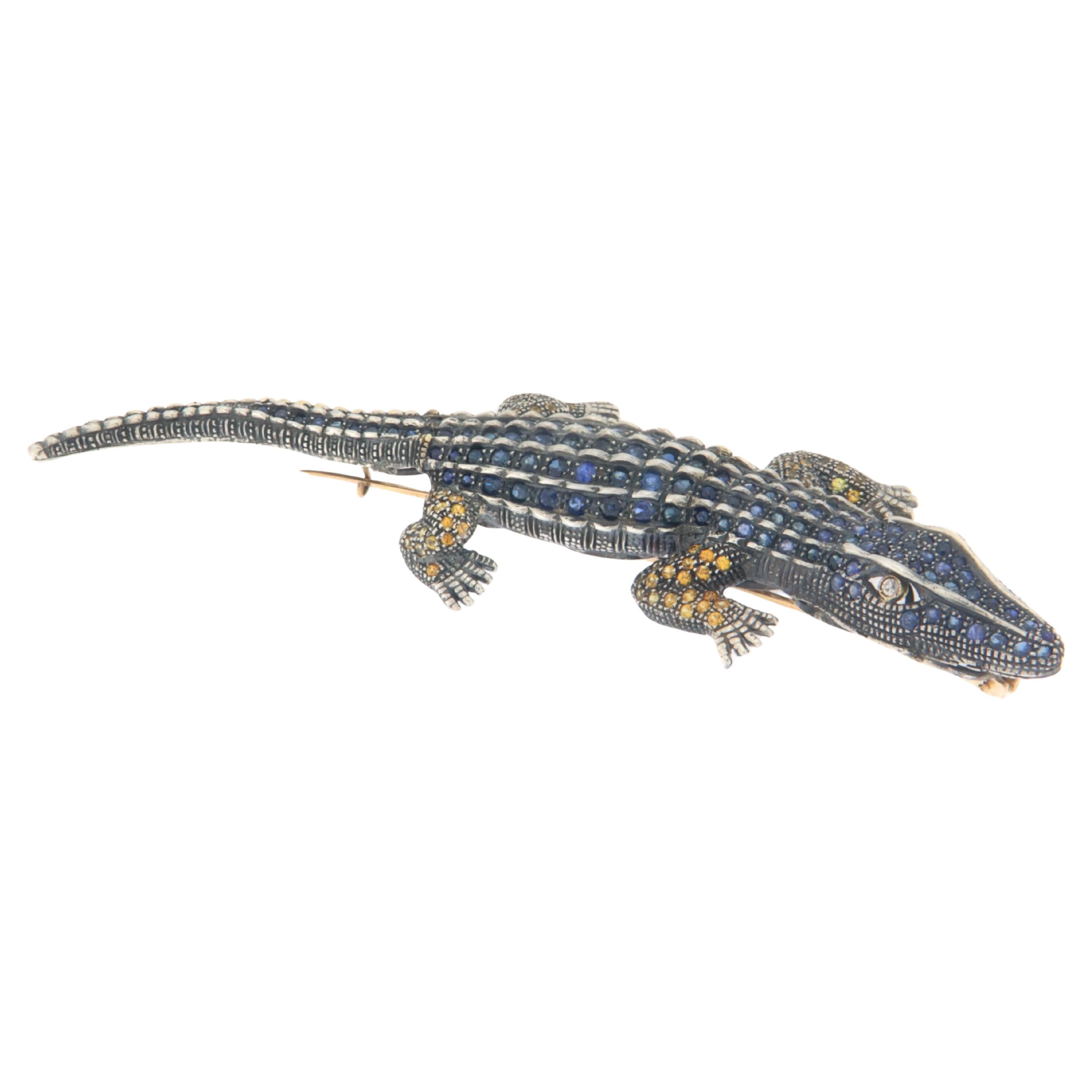 Crocodile Sapphires Diamonds 14 Karat Yellow Gold Brooch For Sale