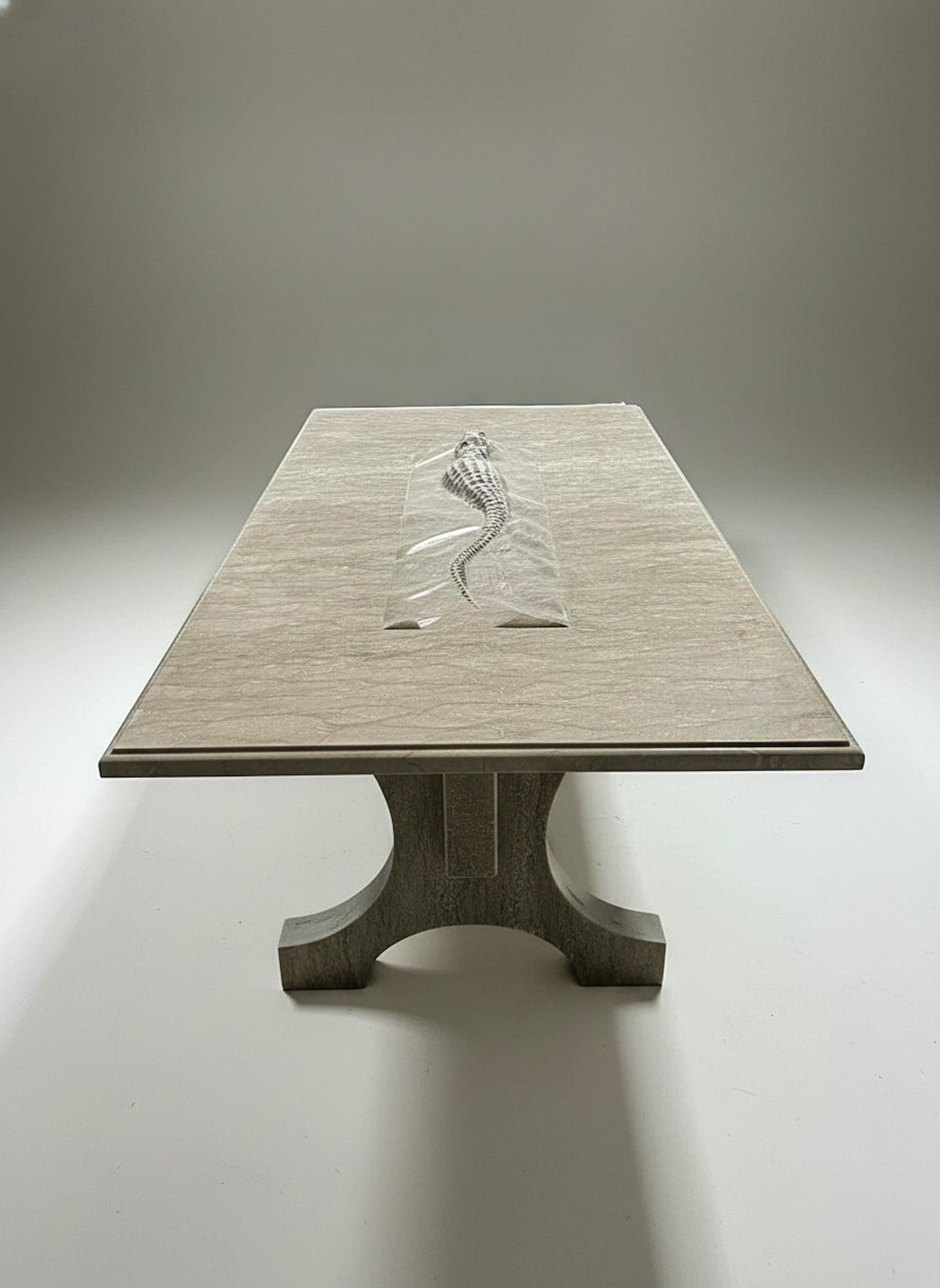 Carved Crocodile Sculptural Marble Dining Table - Rustic Green Marble Table For Sale