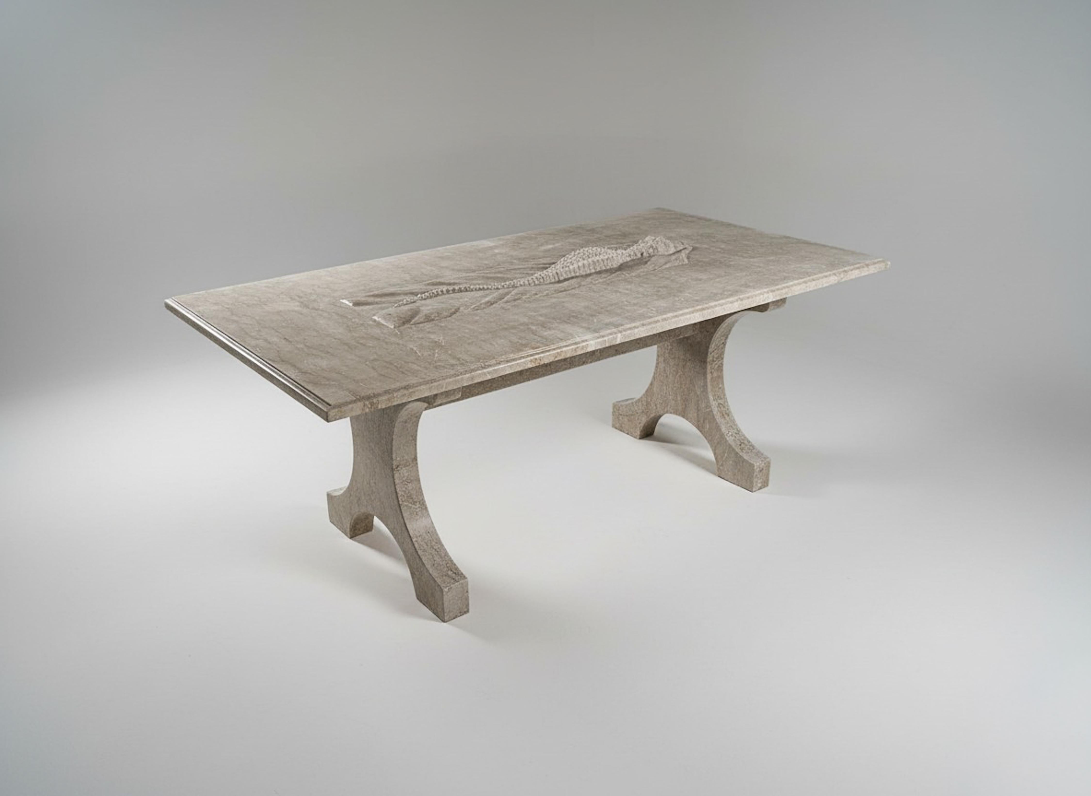 Stone Crocodile Sculptural Marble Dining Table - Rustic Green Marble Table For Sale