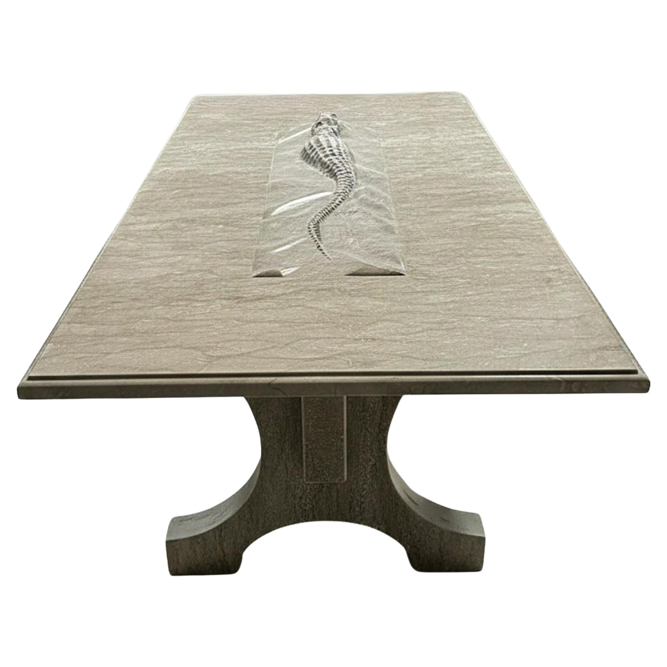 Art Deco Crocodile Sculptural Marble Dining Table - Rustic Green Marble Table For Sale