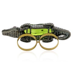 Crocodile Shaped Two Finger Ring with Peridot & Tourmaline with Pave Diamonds