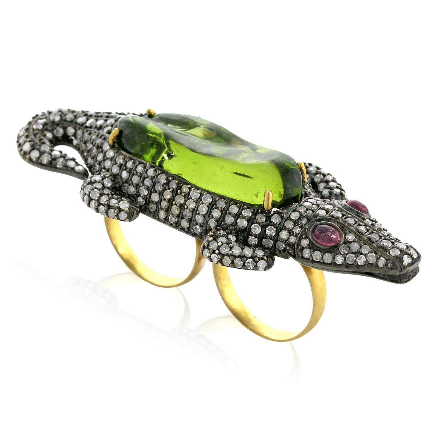 Art Deco Crocodile Shaped Two Finger Ring with Peridot & Tourmaline with Pave Diamonds For Sale