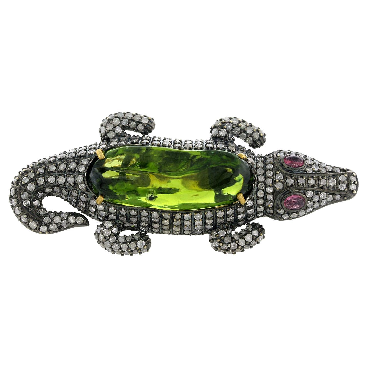 Crocodile Shaped Two Finger Ring with Peridot & Tourmaline with Pave Diamonds For Sale