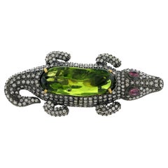 Crocodile Shaped Two Finger Ring with Peridot & Tourmaline with Pave Diamonds