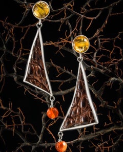Crocodile Skin Triangle Earrings, Citrine and Fire Opal Set in Sterling Silver