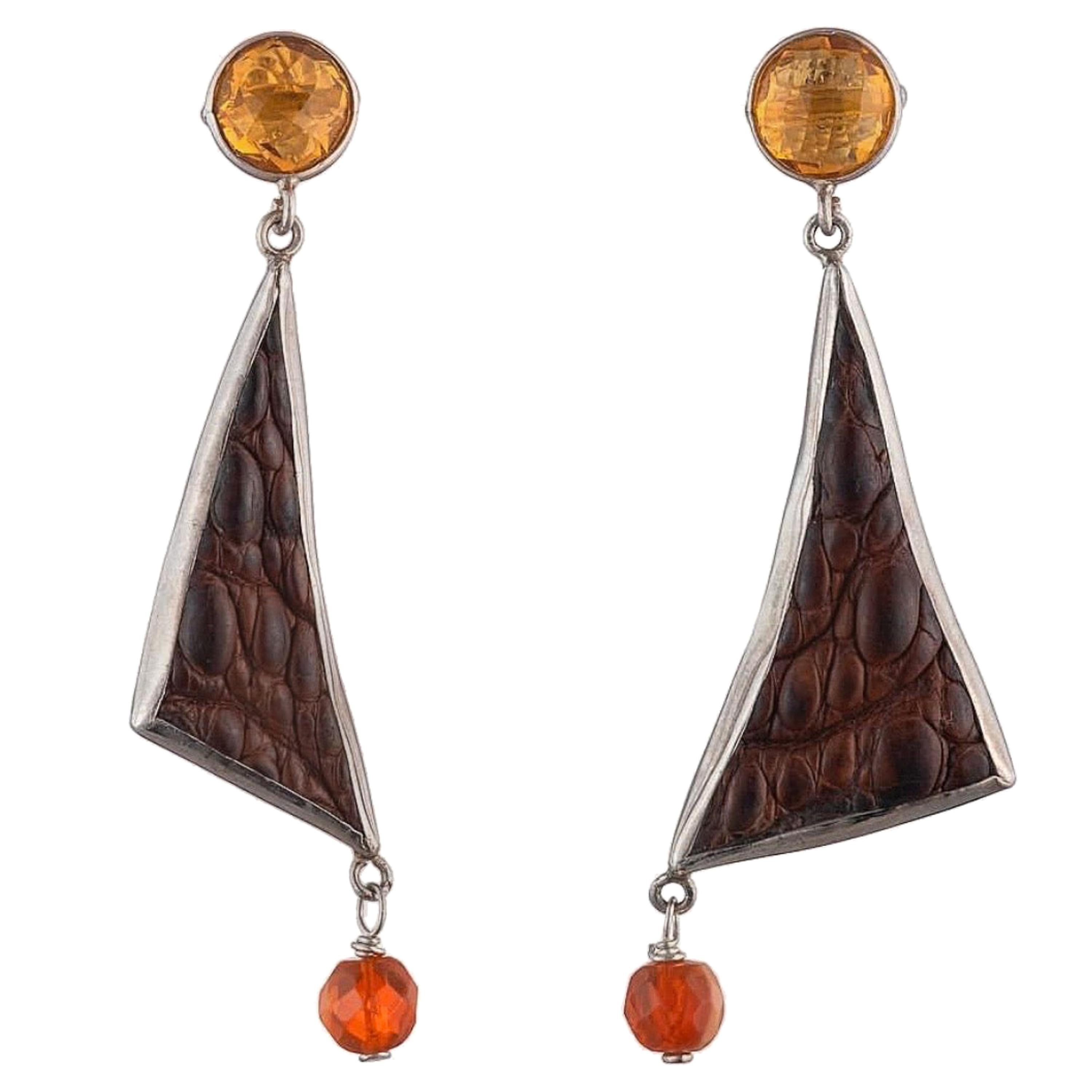 Crocodile Skin Triangle Earrings, Citrine and Fire Opal Set in Sterling Silver For Sale