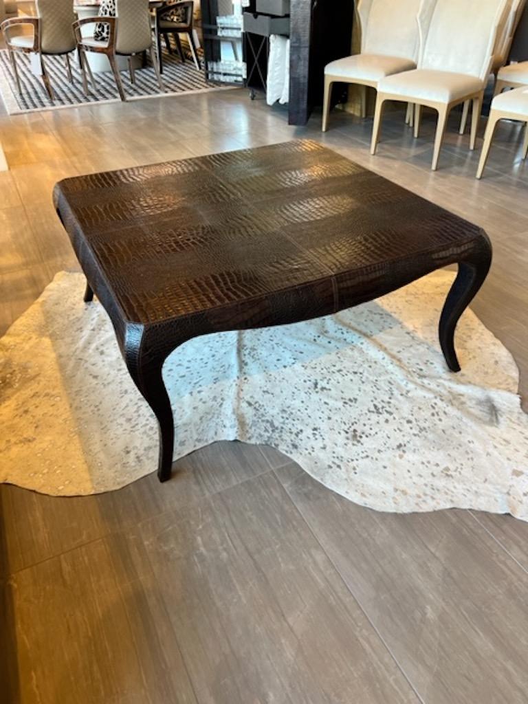 William switzer designed square curved leg embossed croc leather cocktail table with stitched panels