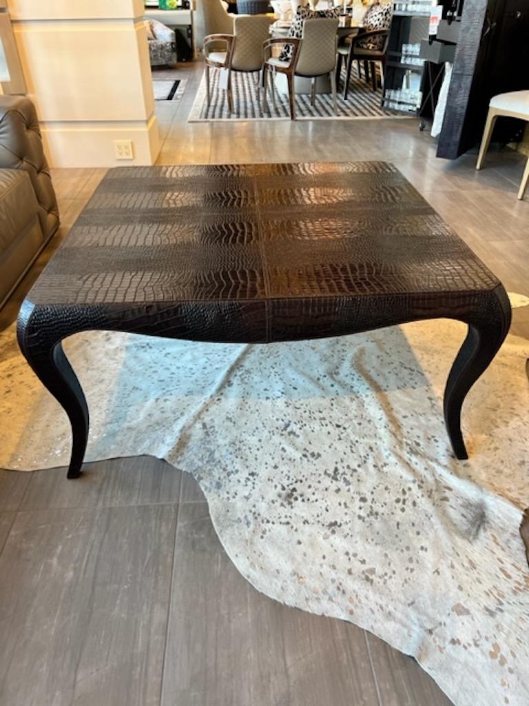Canadian Crocodile stamped chocolate brown leather stitched square cocktail table coffee  For Sale
