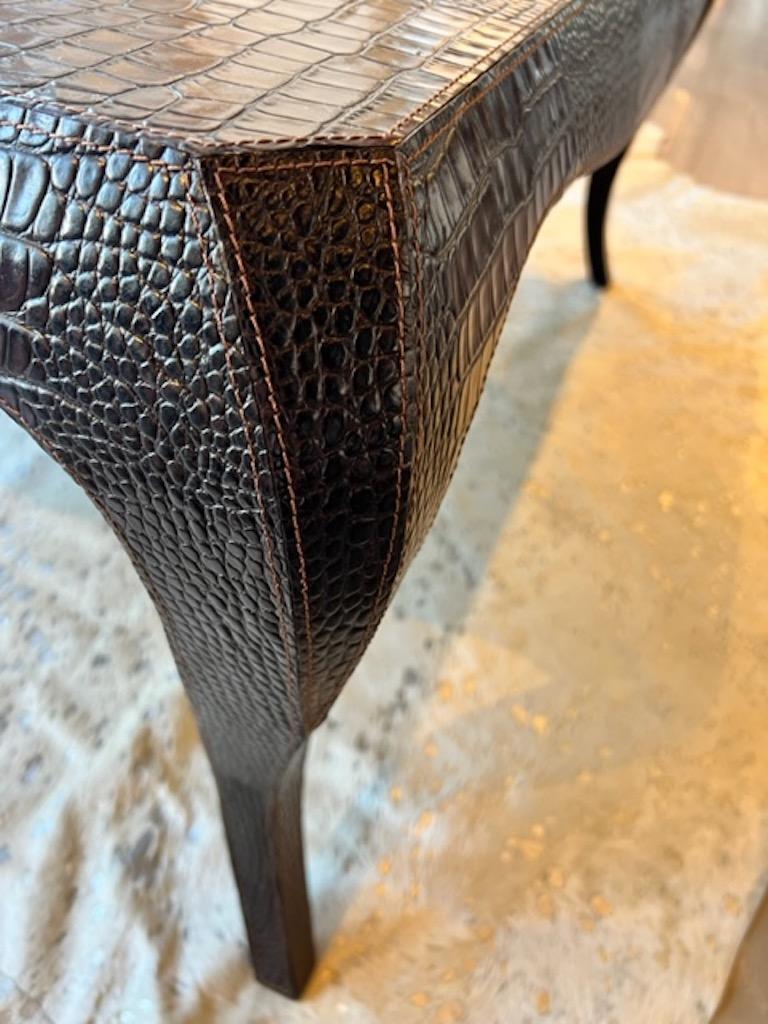 Leather Crocodile stamped chocolate brown leather stitched square cocktail table coffee  For Sale