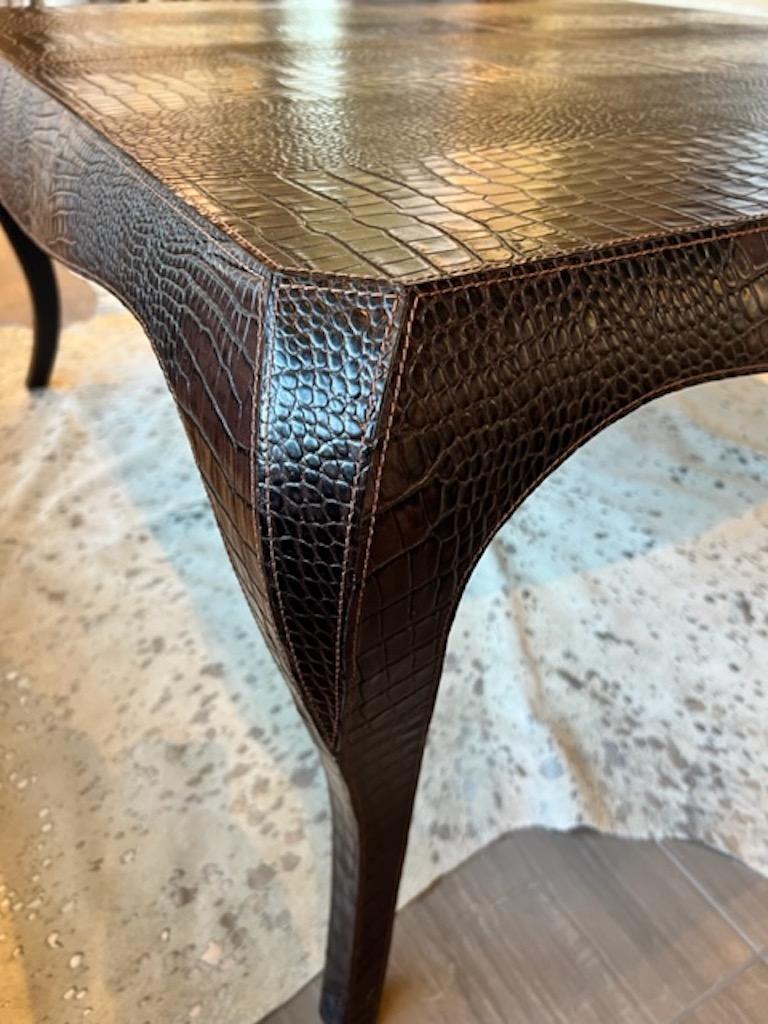 Crocodile stamped chocolate brown leather stitched square cocktail table coffee  For Sale 1