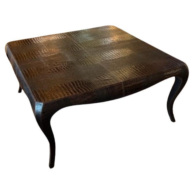 Crocodile stamped chocolate brown leather stitched square cocktail table coffee  For Sale
