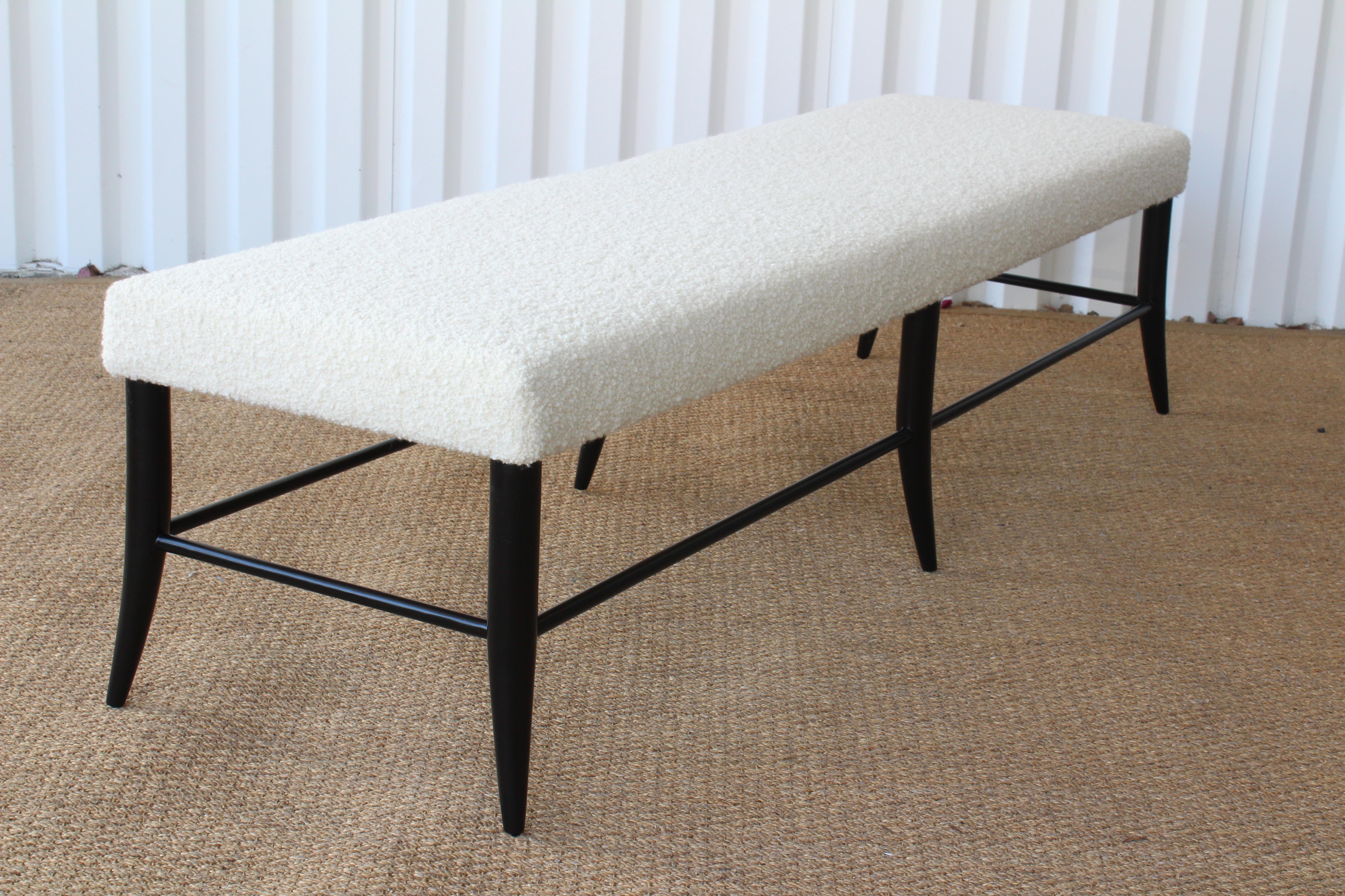 Custom croft bench by Hollywood at Home, upholstered in an alpaca wool bouclé. Handmade in Los Angeles. Satin black wooden base.