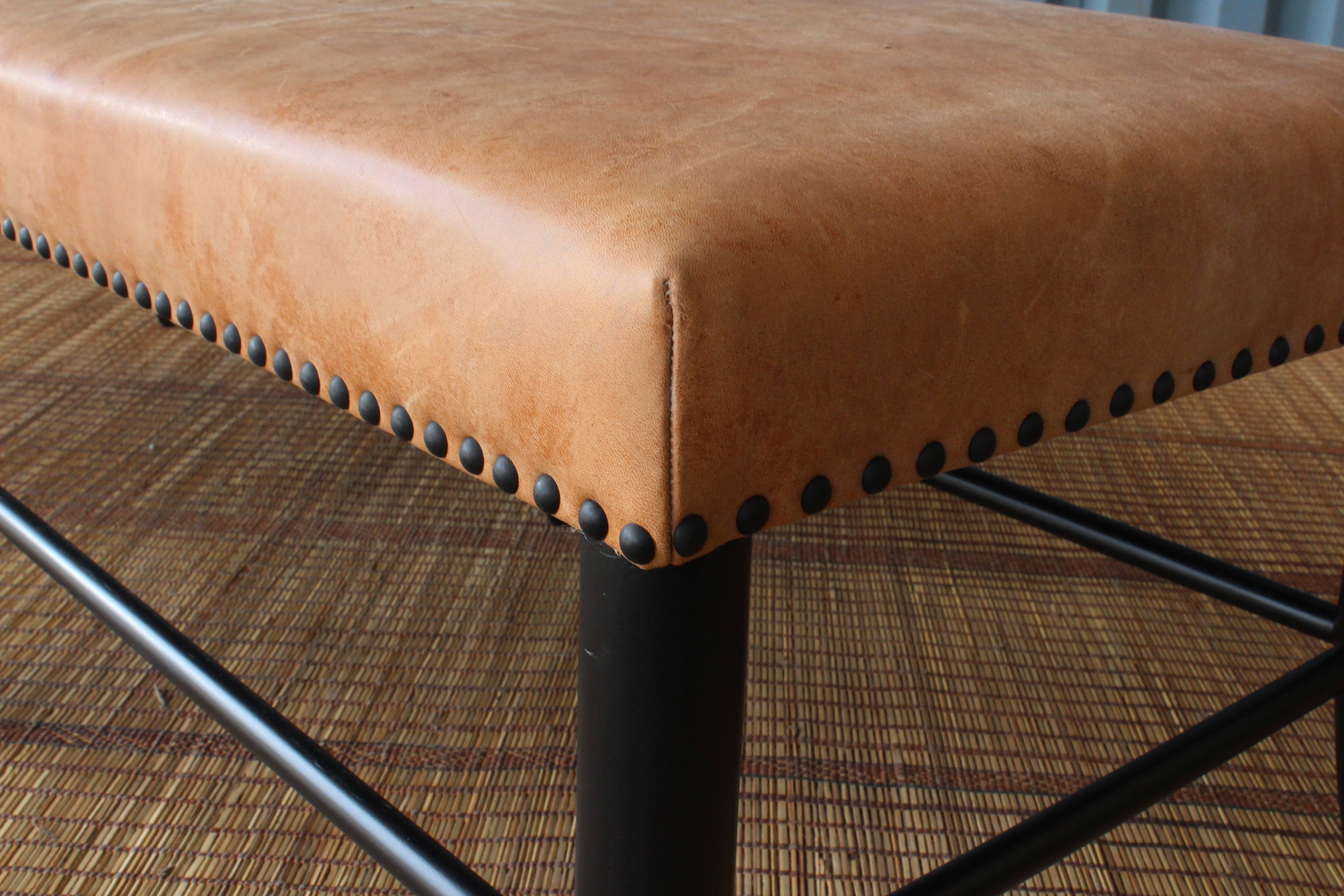 Croft Bench Upholstered in Vintage Leather In Excellent Condition In Los Angeles, CA
