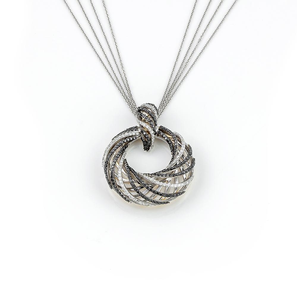 Contemporary Croissant Black and White Pave Diamonds Round Pendant Necklace 18kt White Gold For Sale