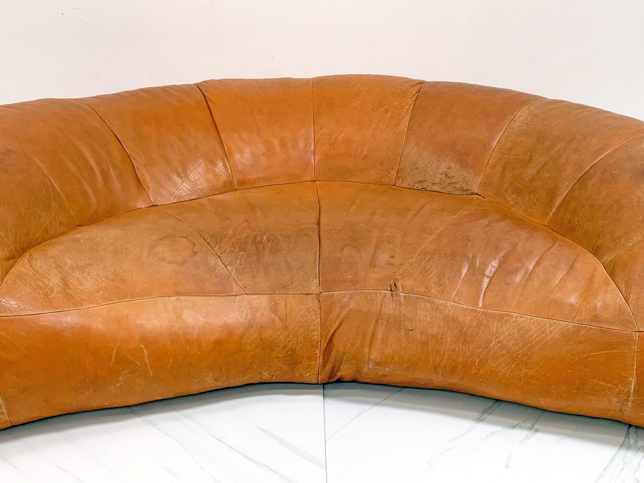 Mid-Century Modern Croissant Sofa by Raphael Raffel for Honore Paris in Patinated Cognac Leather