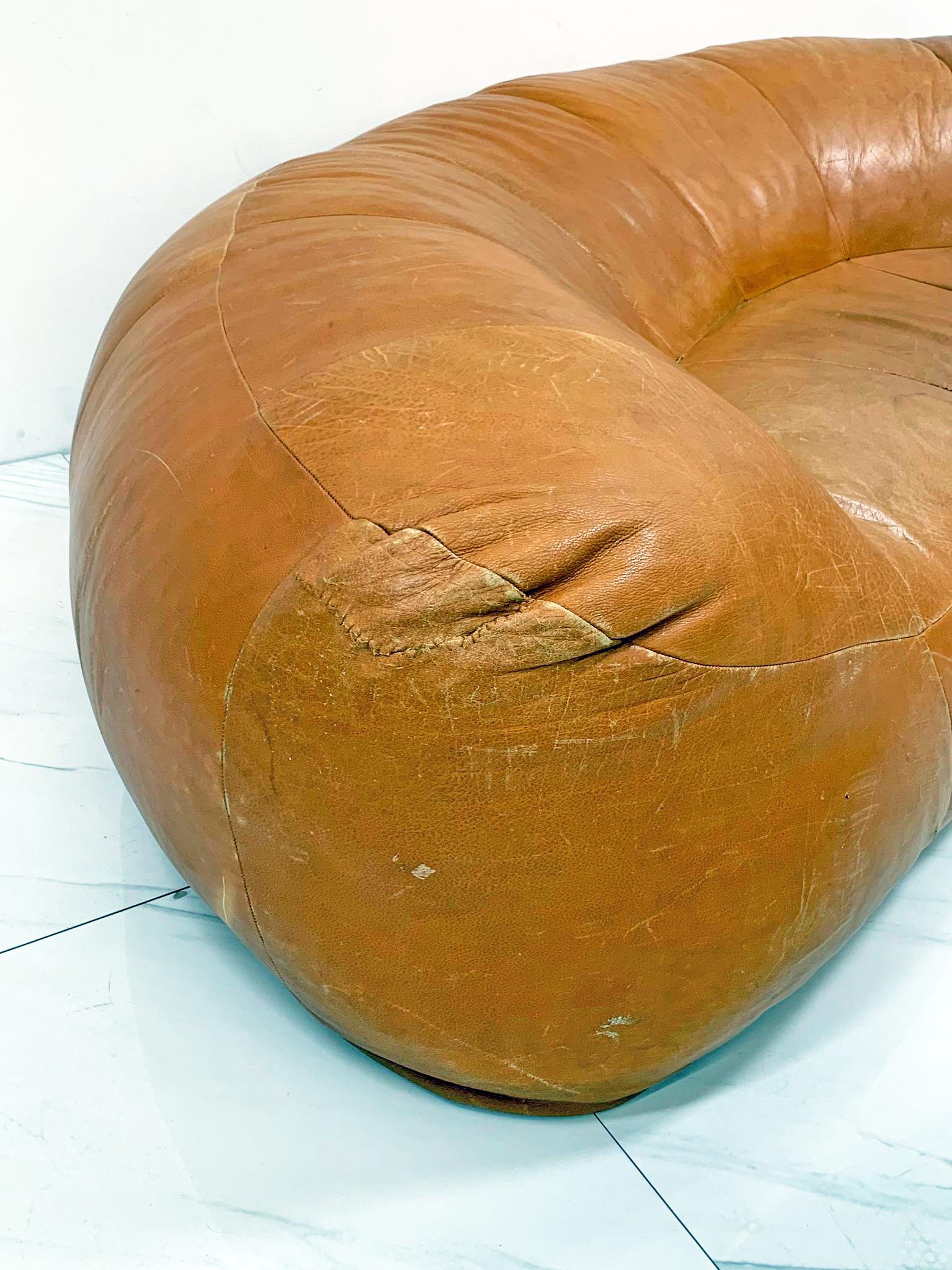 Croissant Sofa by Raphael Raffel for Honore Paris in Patinated Cognac Leather In Distressed Condition In Culver City, CA