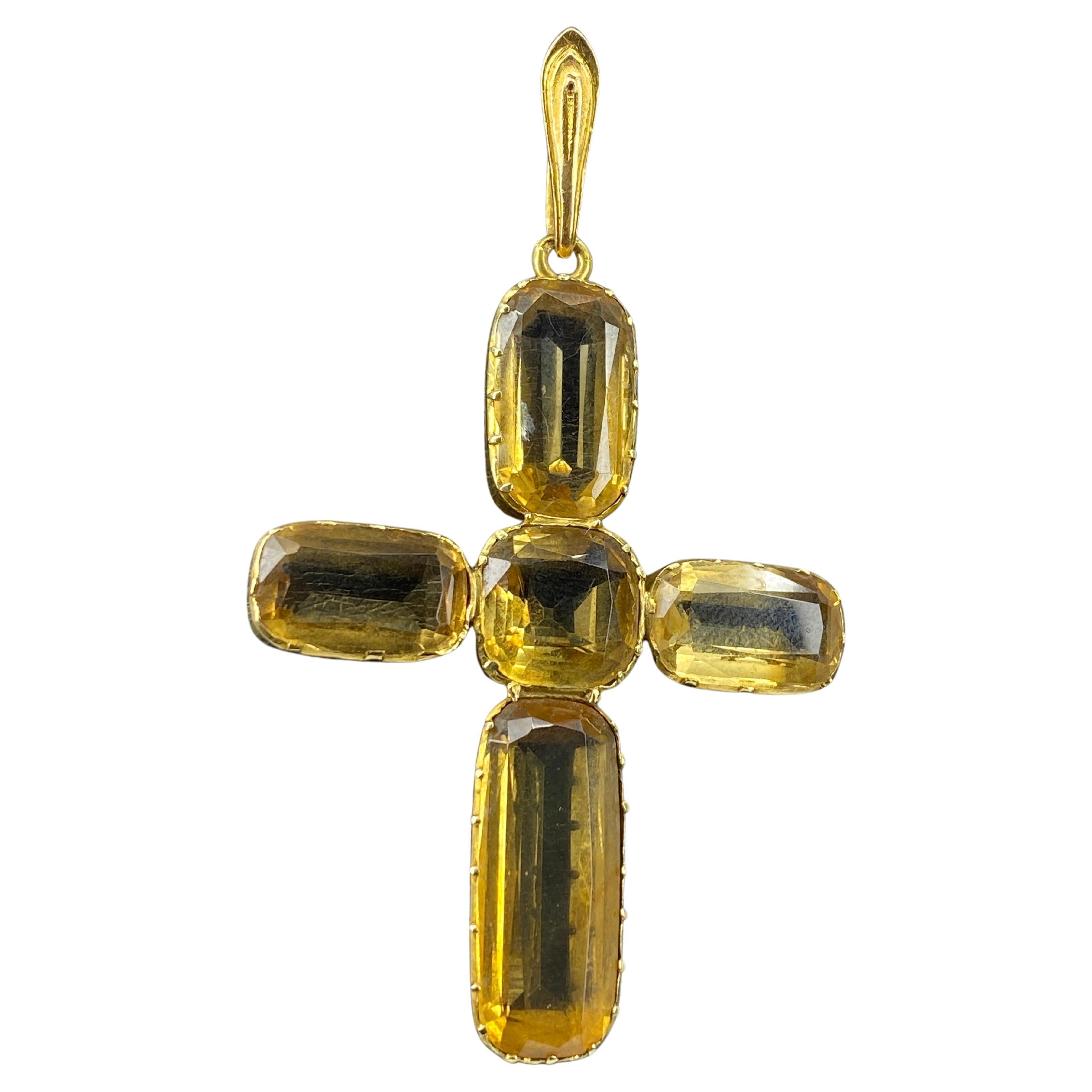 Französisches Kreuz in Gold 18 Karat, verziert mit 5 Zitrinen, Ende XIX. im Angebot