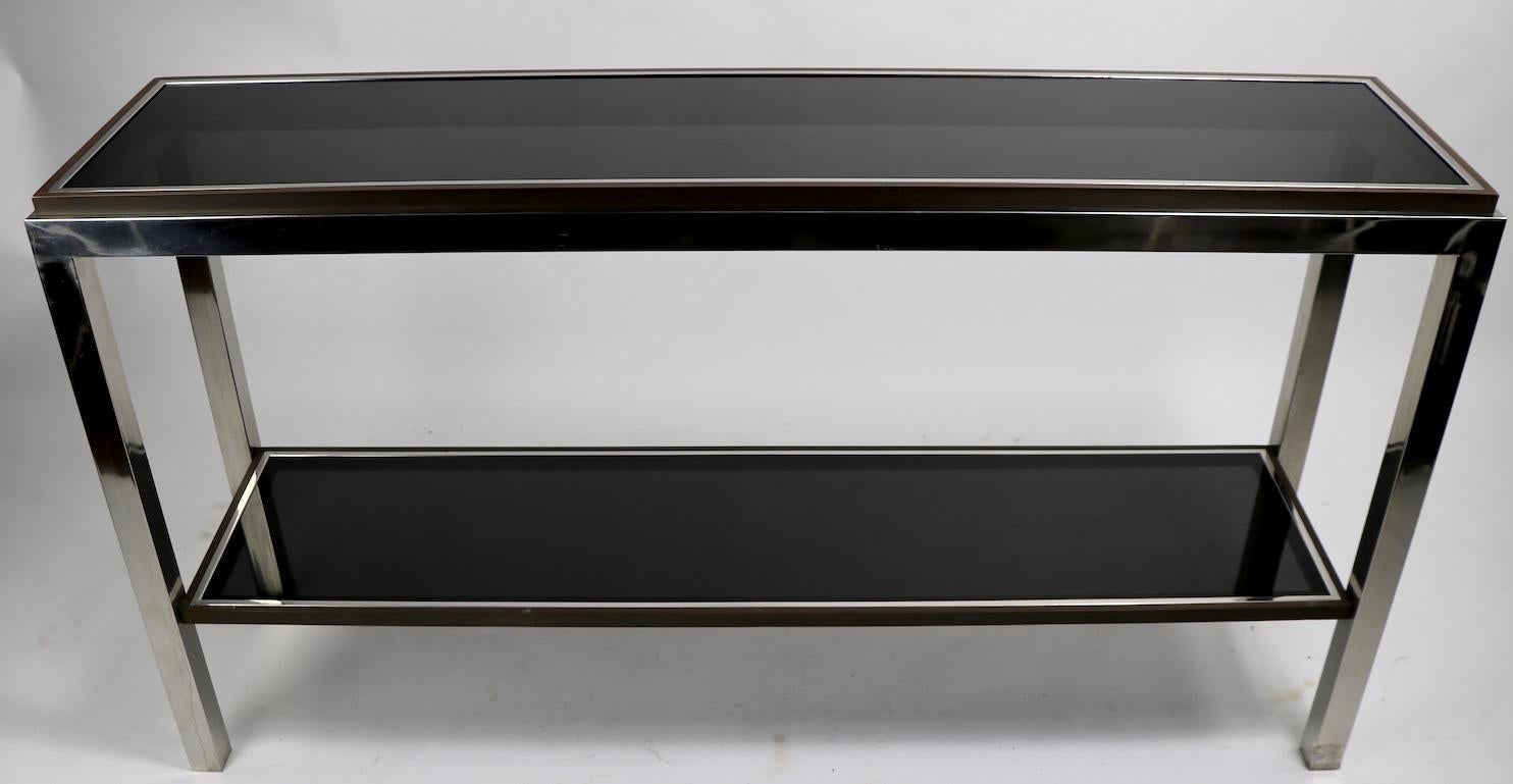Chrome  Brass Bronze and Tinted Glass Two-Tier Console Signed Willy Rizzo For Sale 5