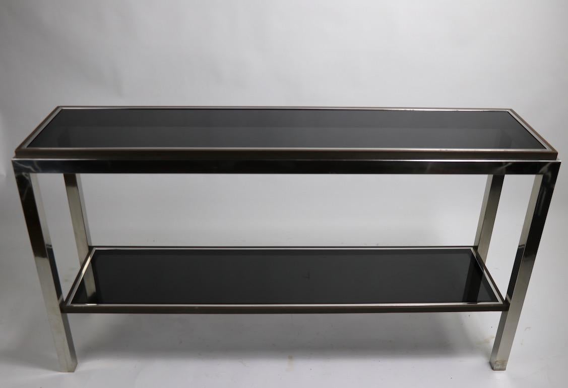 Chrome  Brass Bronze and Tinted Glass Two-Tier Console Signed Willy Rizzo In Good Condition For Sale In New York, NY