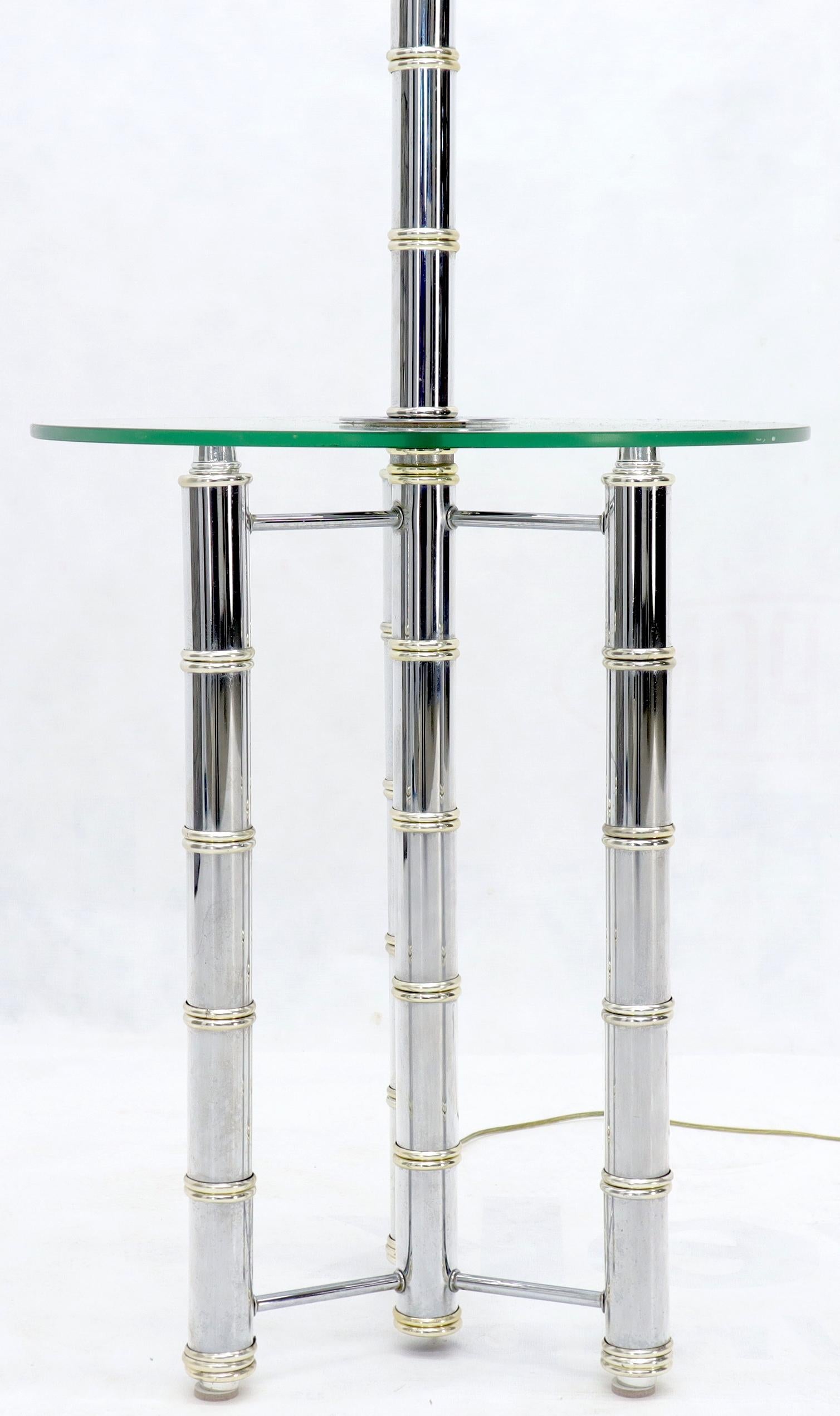 Mid-Century Modern Chrome and Brass Faux Bamboo Tripod Glass Side Table Floor Lamp For Sale