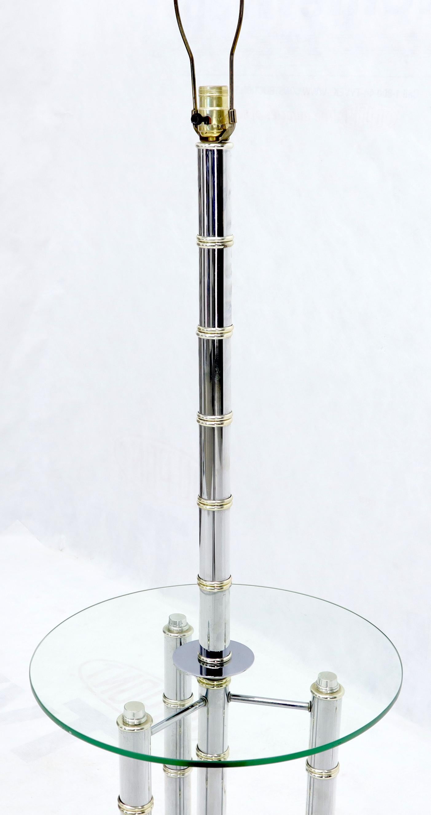 20th Century Chrome and Brass Faux Bamboo Tripod Glass Side Table Floor Lamp For Sale
