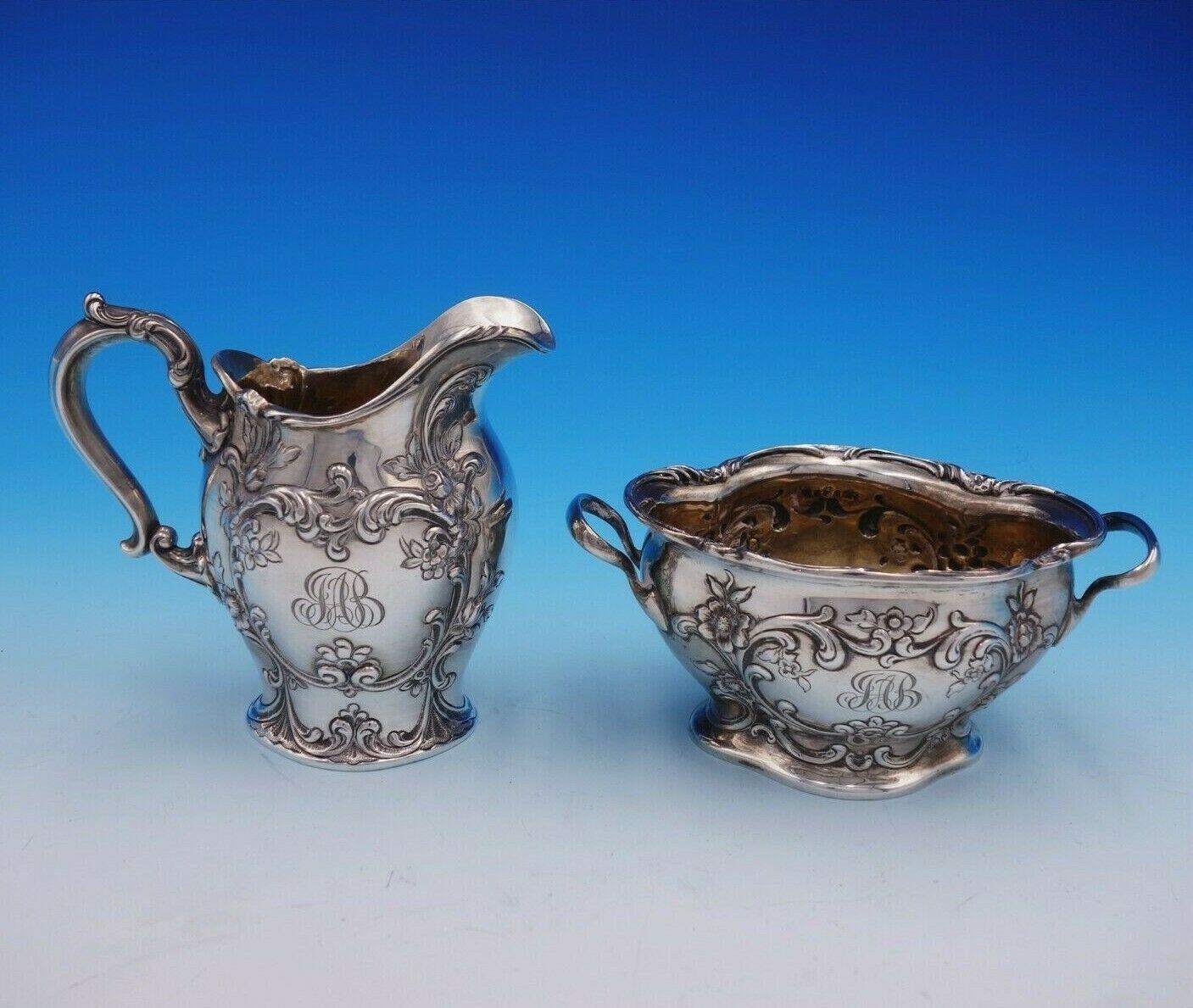 Cromwell by Gorham Sterling Silver Tea Set 3-Piece Art Nouveau with Flowers In Excellent Condition In Big Bend, WI