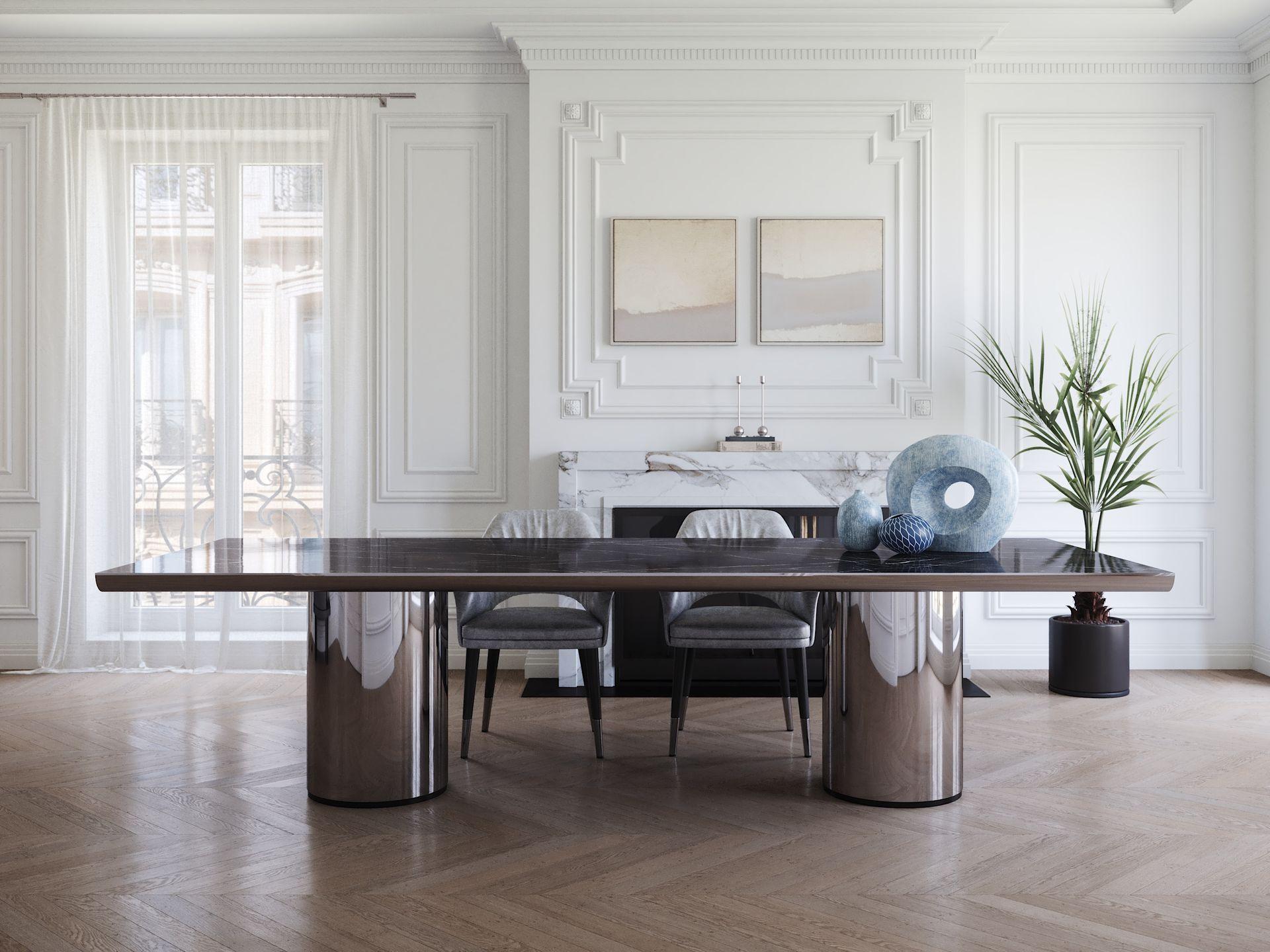 Table rectangulaire avec pieds cylindriques. Structure en acier inoxydable poli, insert supérieur en finition extra mate (Fenix). Options pour l'insert supérieur : marbre, céramique, bois