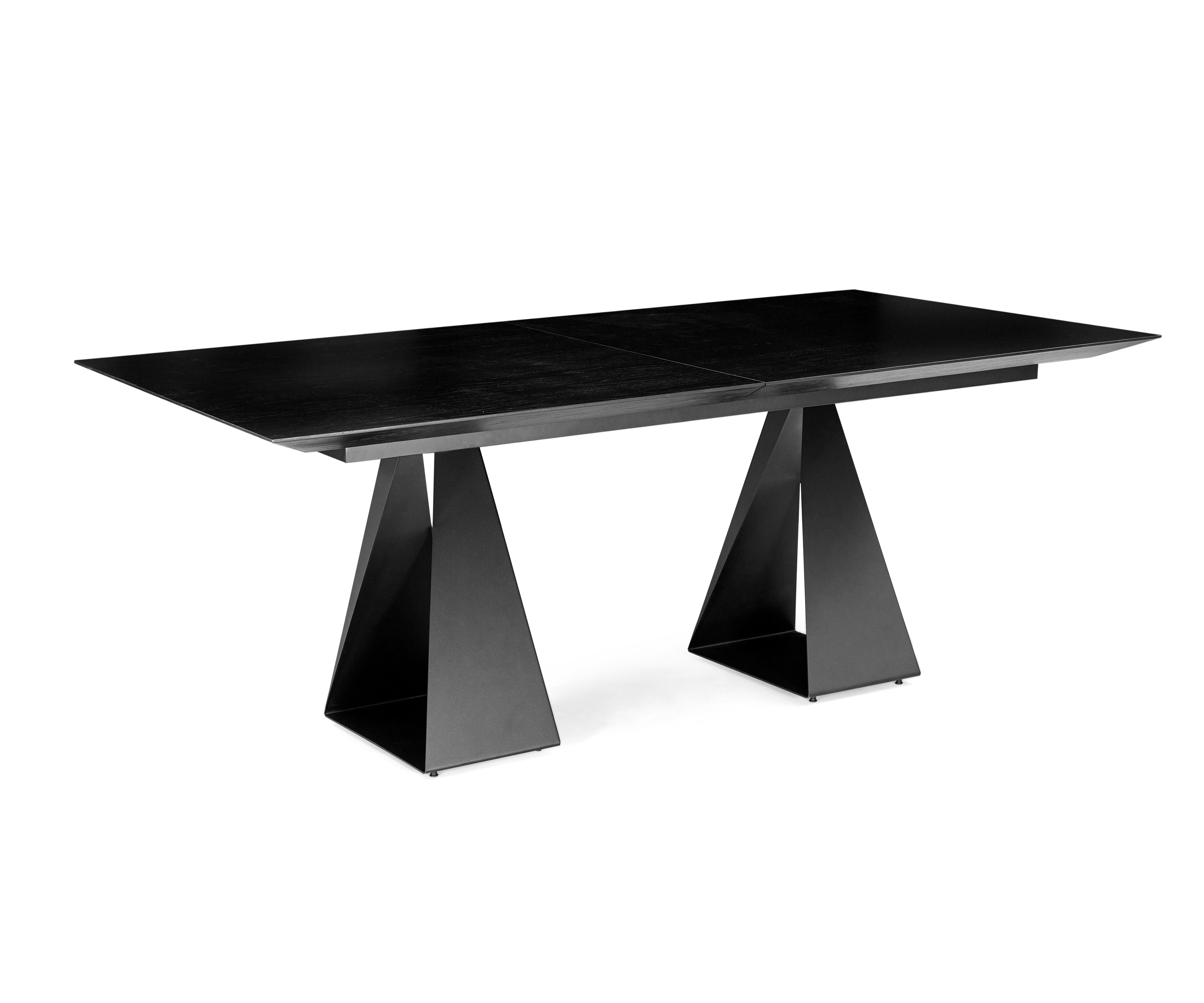 Brazilian Cronos Extendable Dining Table with a Black Oak Wood Top and Metal Legs 79'' For Sale