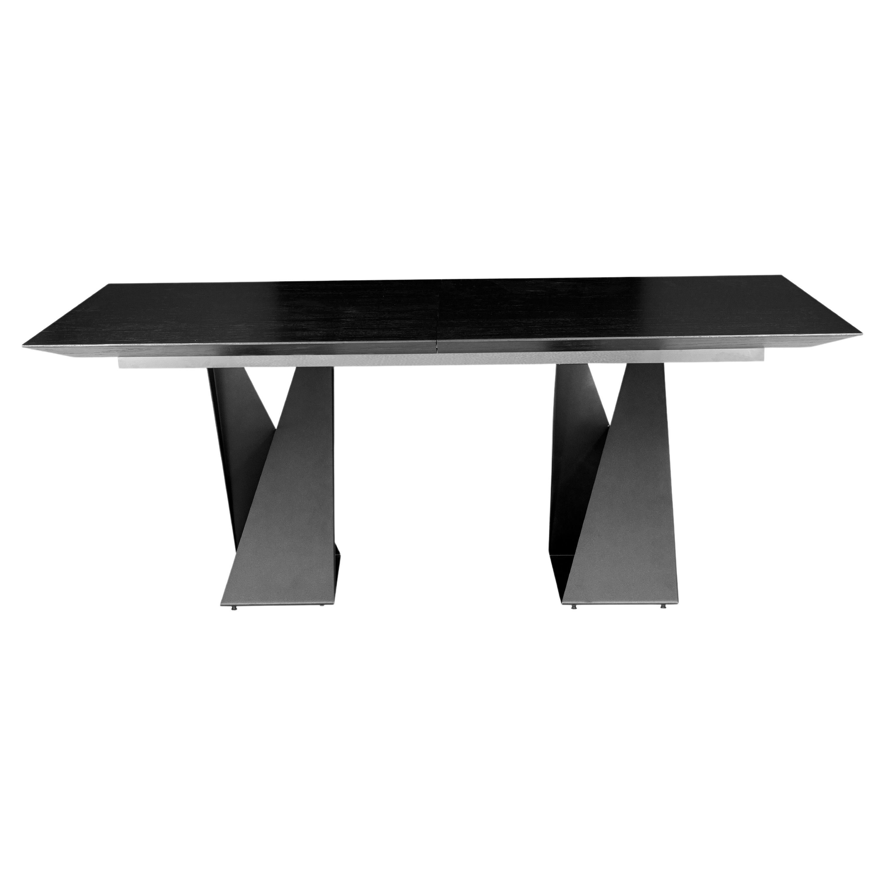 Cronos Extendable Dining Table with a Black Oak Wood Top and Metal Legs 79'' For Sale