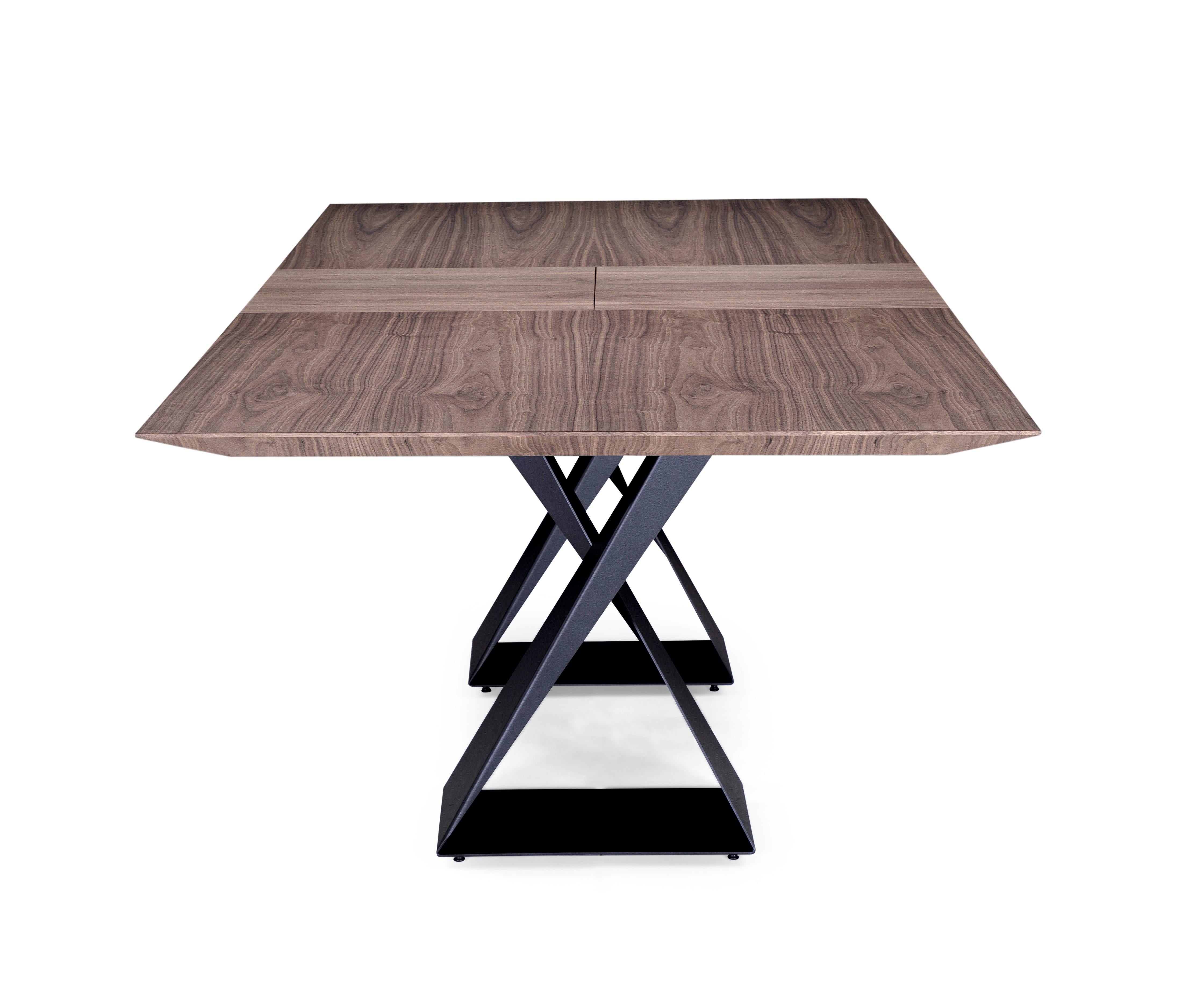 Brazilian Cronos Extendable Dining Table with a Walnut Wood Finish Top and Metal Legs 79'' For Sale