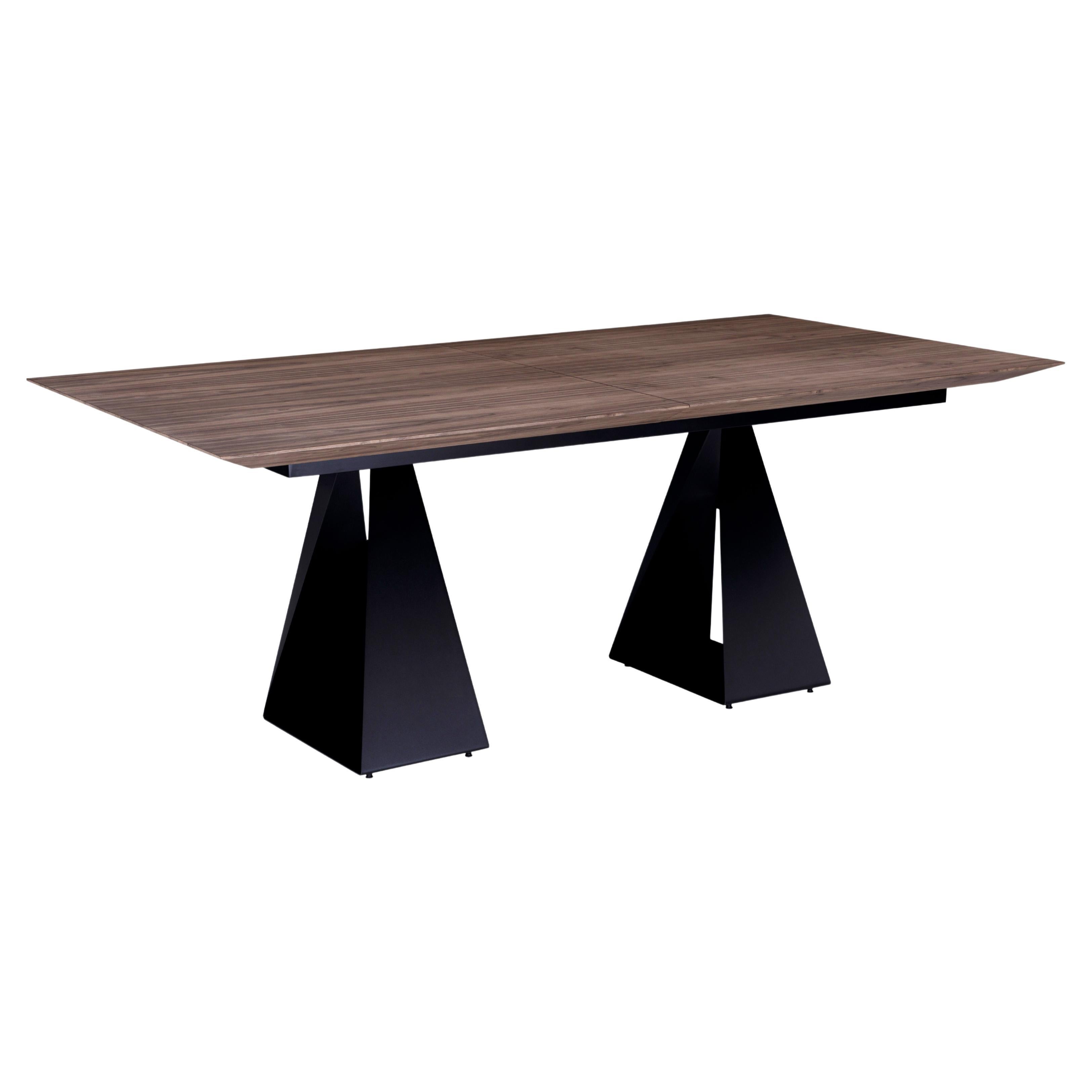 Cronos Extendable Dining Table with a Walnut Wood Finish Top and Metal Legs 79'' For Sale
