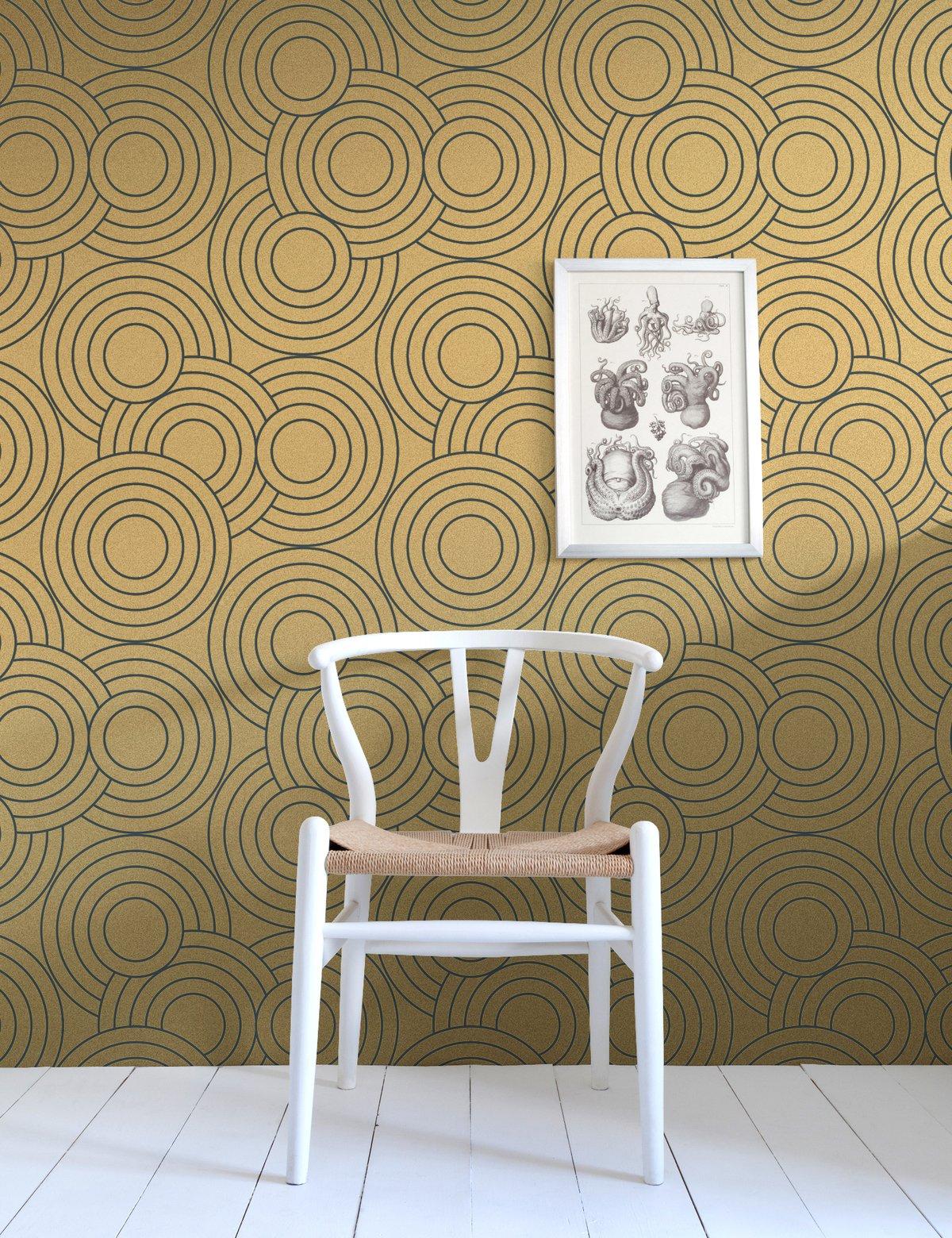 Crop Circles Designer Wallpaper in Eclipse 'Metallic Gold on Charcoal' In New Condition For Sale In Brooklyn, NY