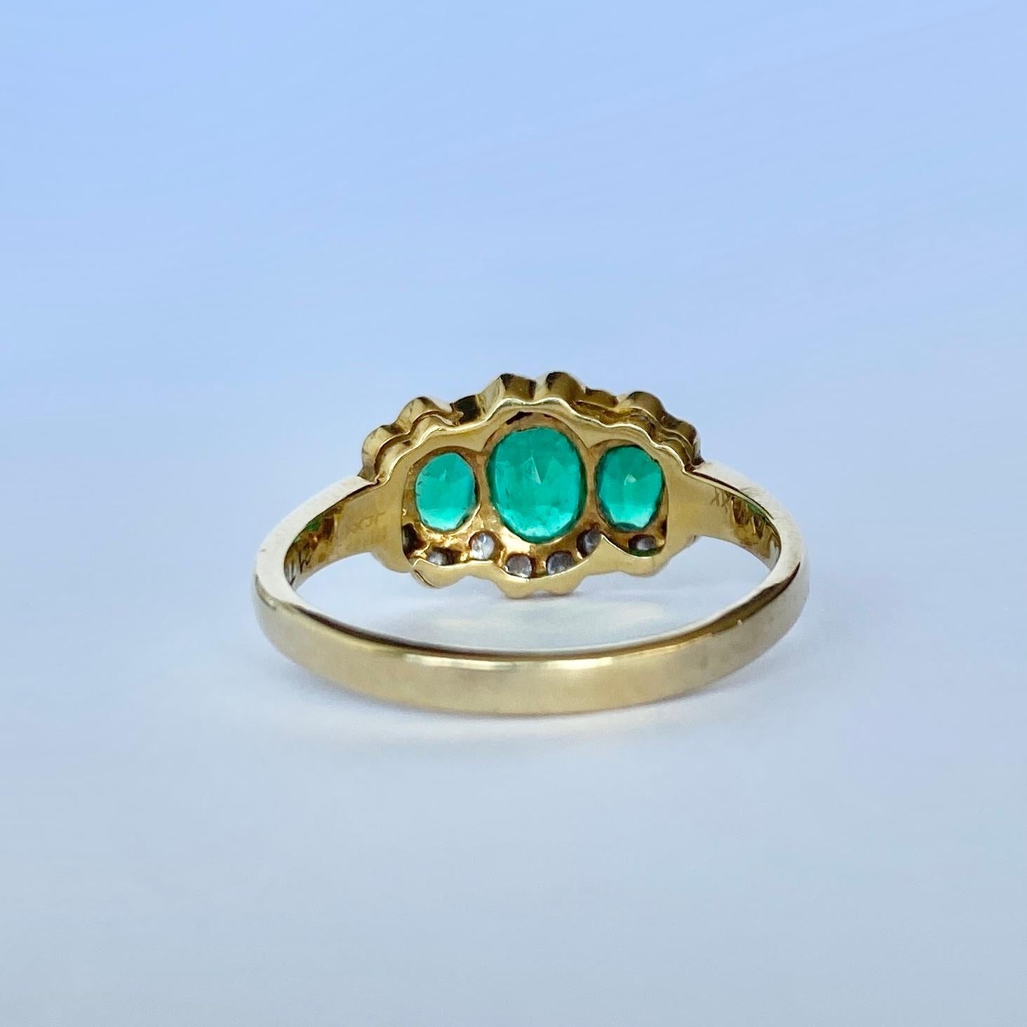 Modern Crop & Farr Emerald and Diamond 18 Carat Gold Triple Cluster Ring