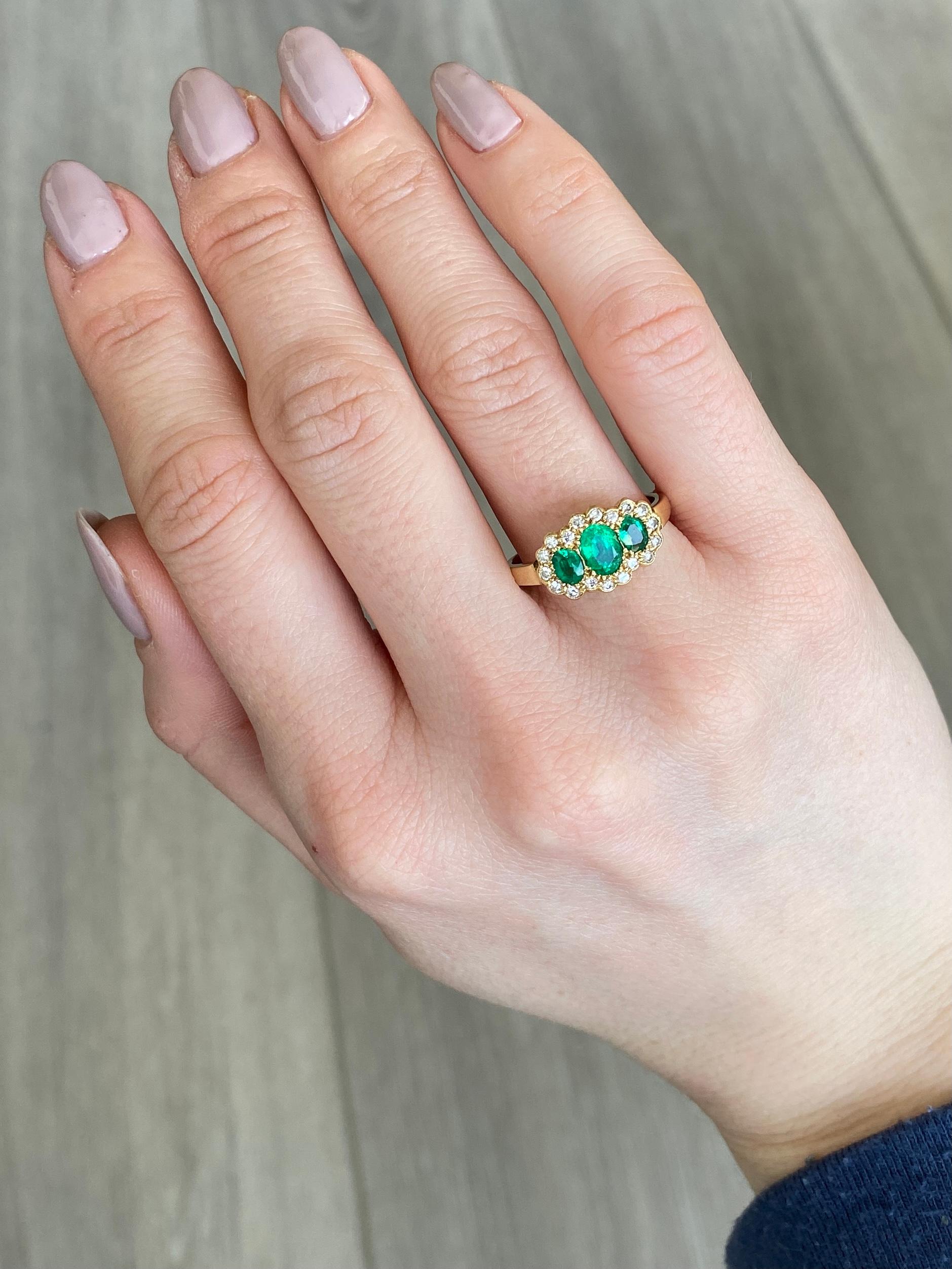 Crop & Farr Emerald and Diamond 18 Carat Gold Triple Cluster Ring In Good Condition In Chipping Campden, GB