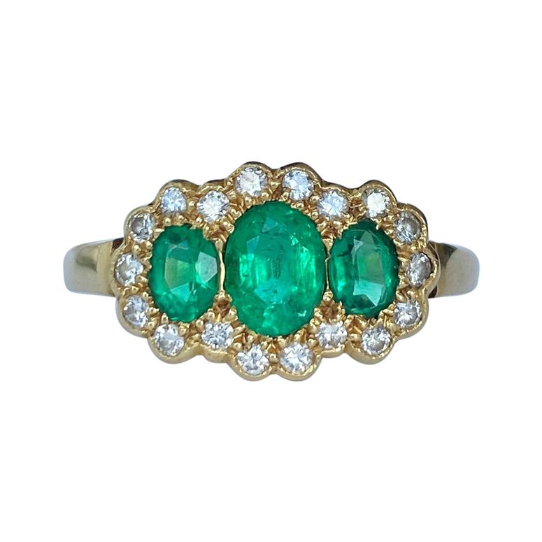 Crop & Farr Emerald and Diamond 18 Carat Gold Triple Cluster Ring