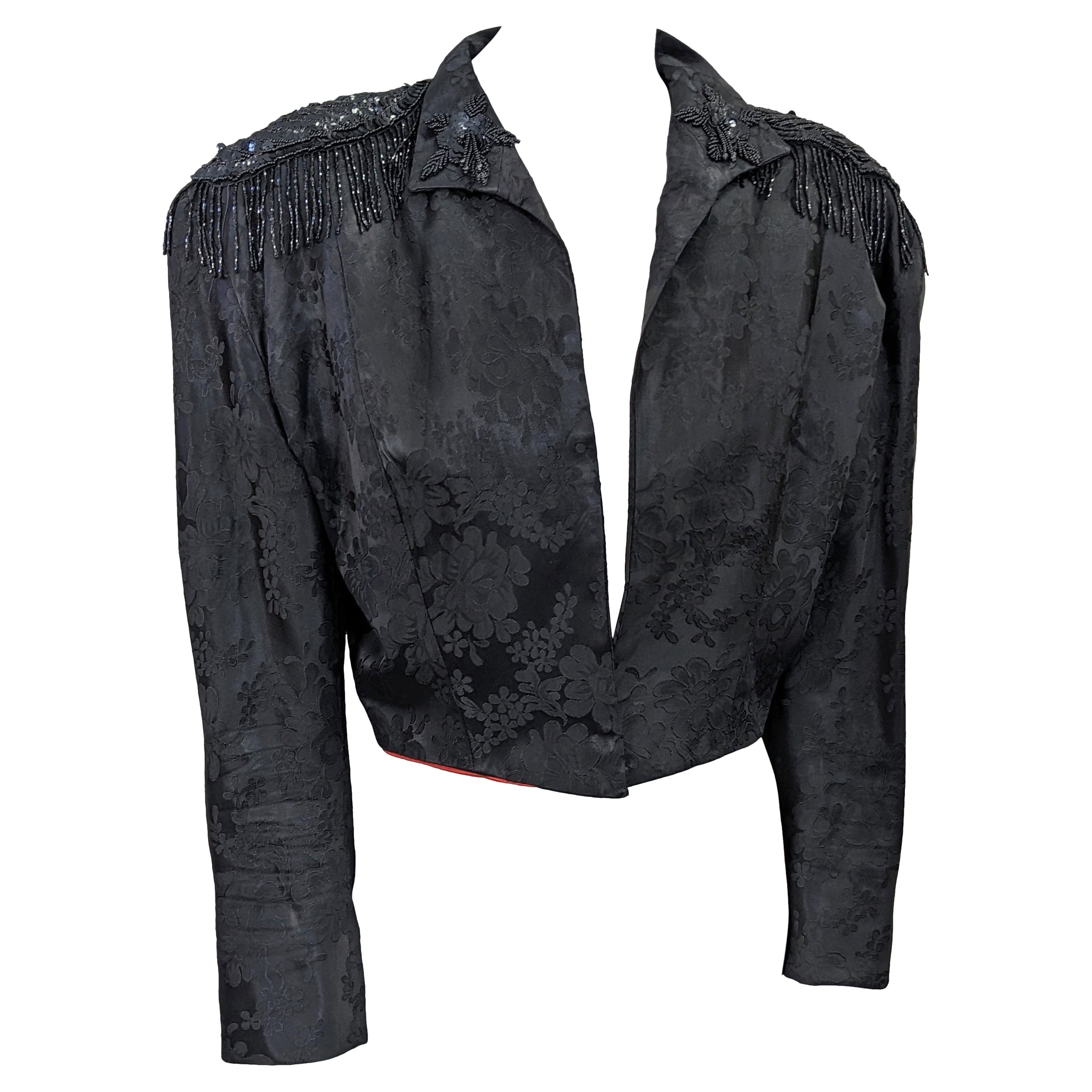Cropped Black Floral Brocade and Beaded Jacket For Sale