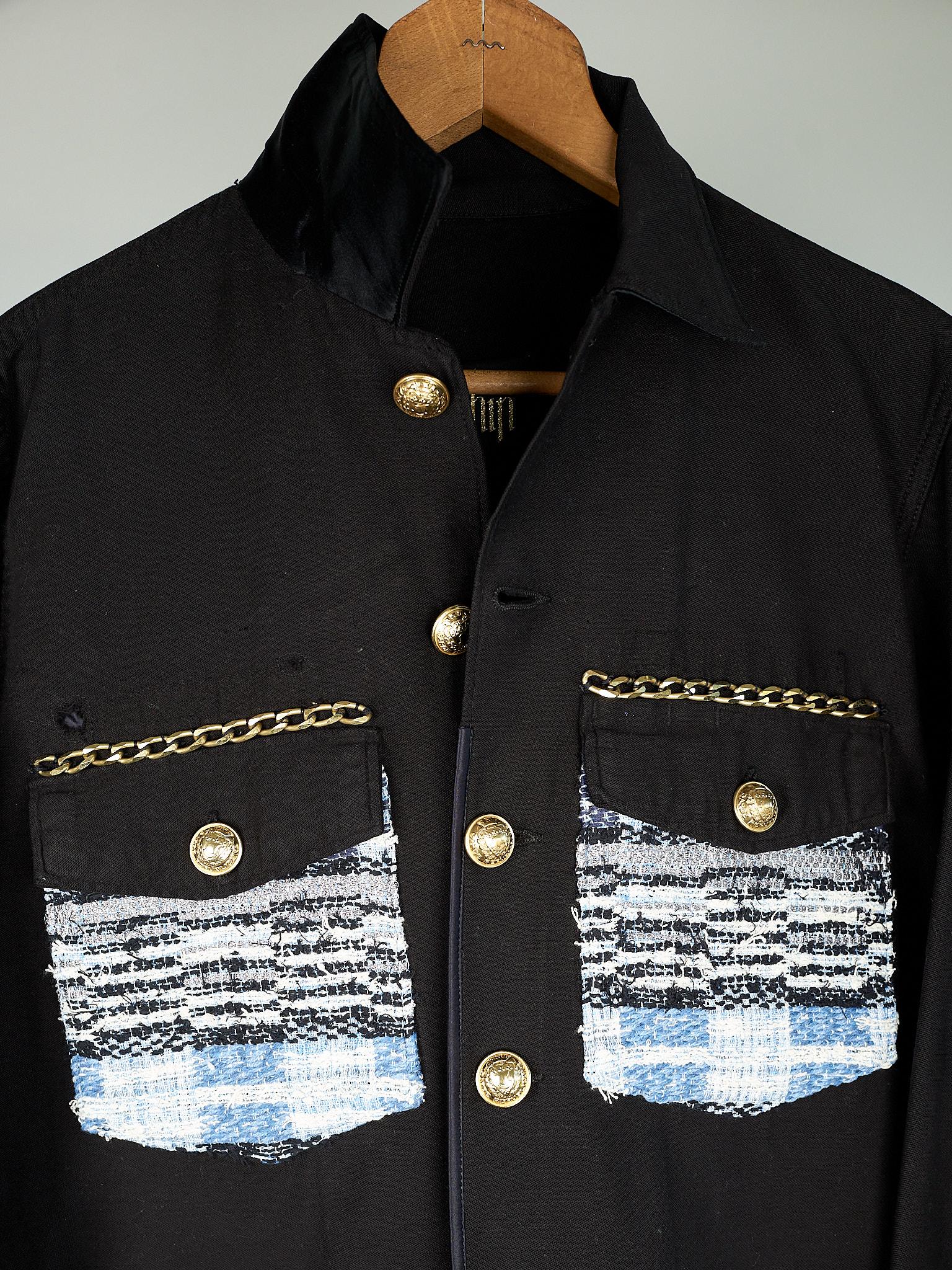 Cropped Black Military Jacket Silver Blue Tweed Chain Single Breasted J Dauphin 6