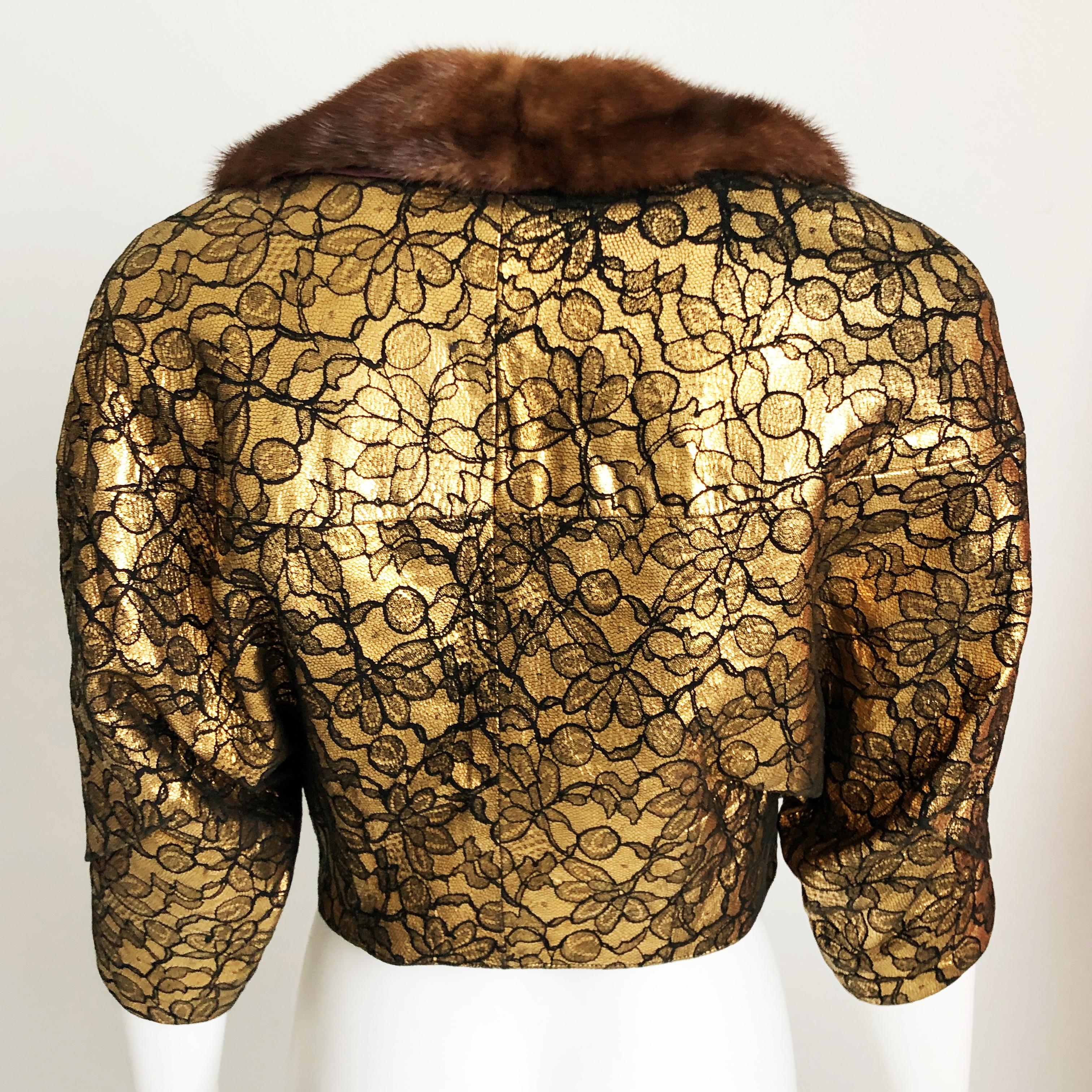 Cropped Dinner Jacket Mink Collar Gold & Black Neiman Marcus Trophy Room Vintage For Sale 6