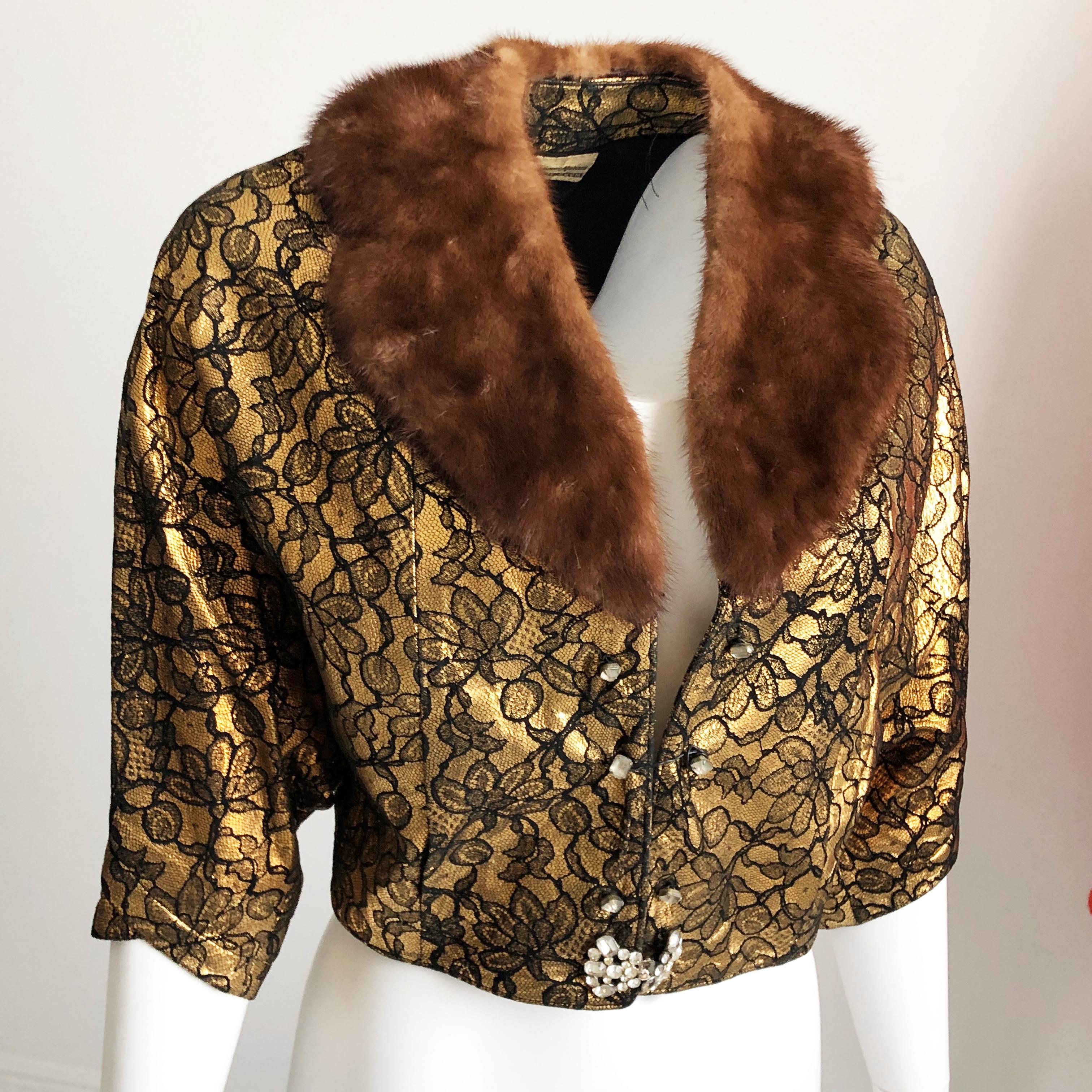 Cropped Dinner Jacket Mink Collar Gold & Black Neiman Marcus Trophy Room Vintage For Sale 6