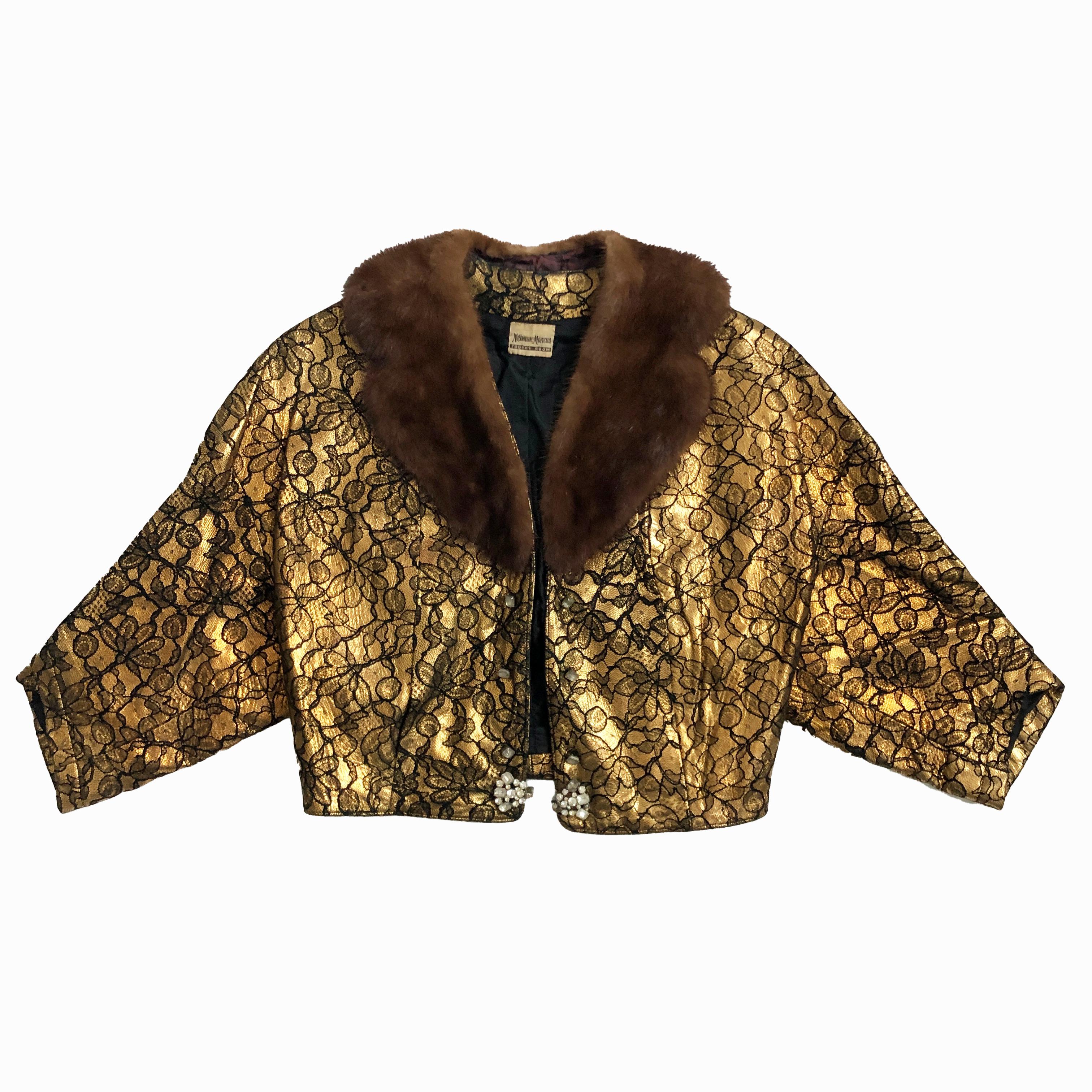 Brown Cropped Dinner Jacket Mink Collar Gold & Black Neiman Marcus Trophy Room Vintage For Sale