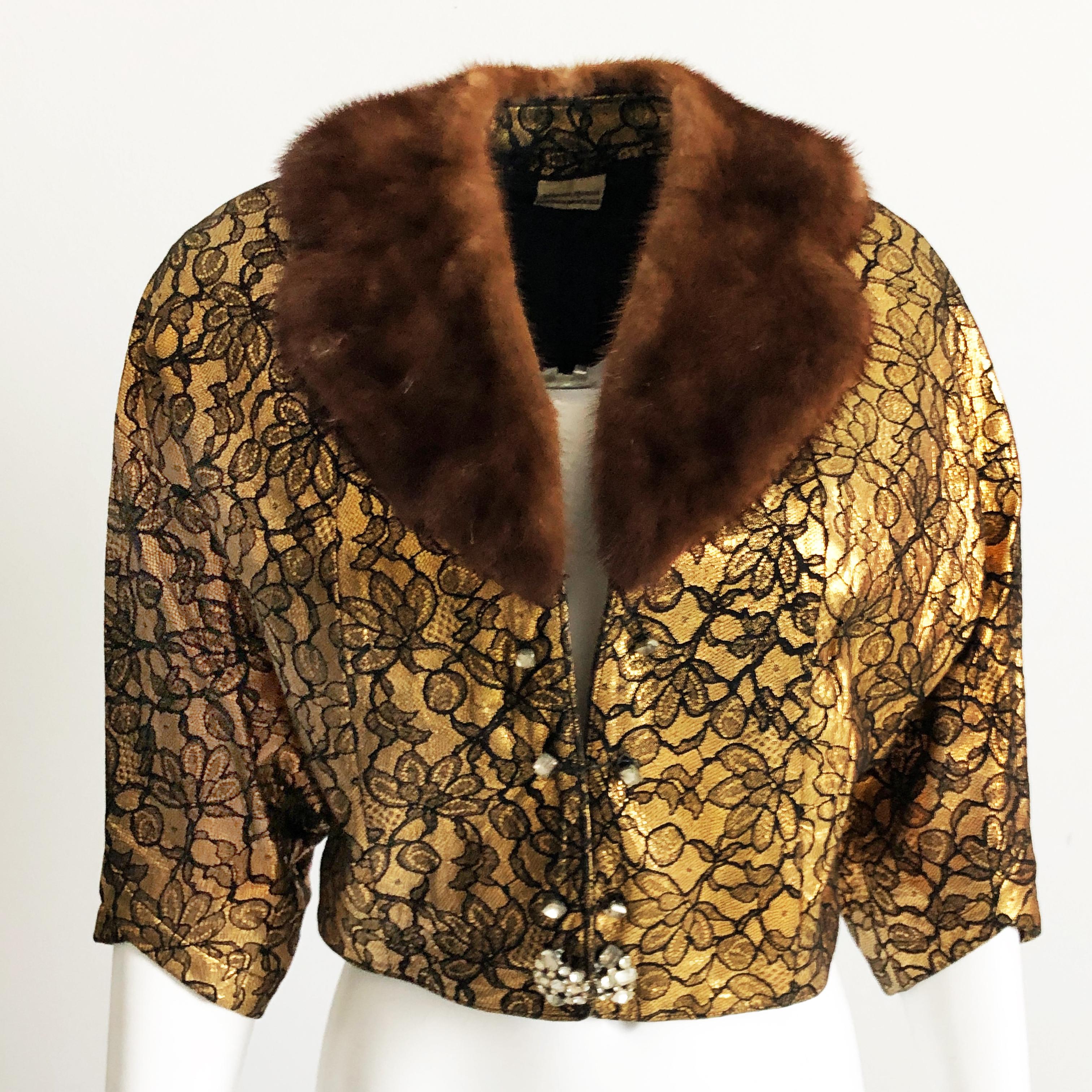 Cropped Dinner Jacket Mink Collar Gold & Black Neiman Marcus Trophy Room Vintage In Good Condition For Sale In Port Saint Lucie, FL