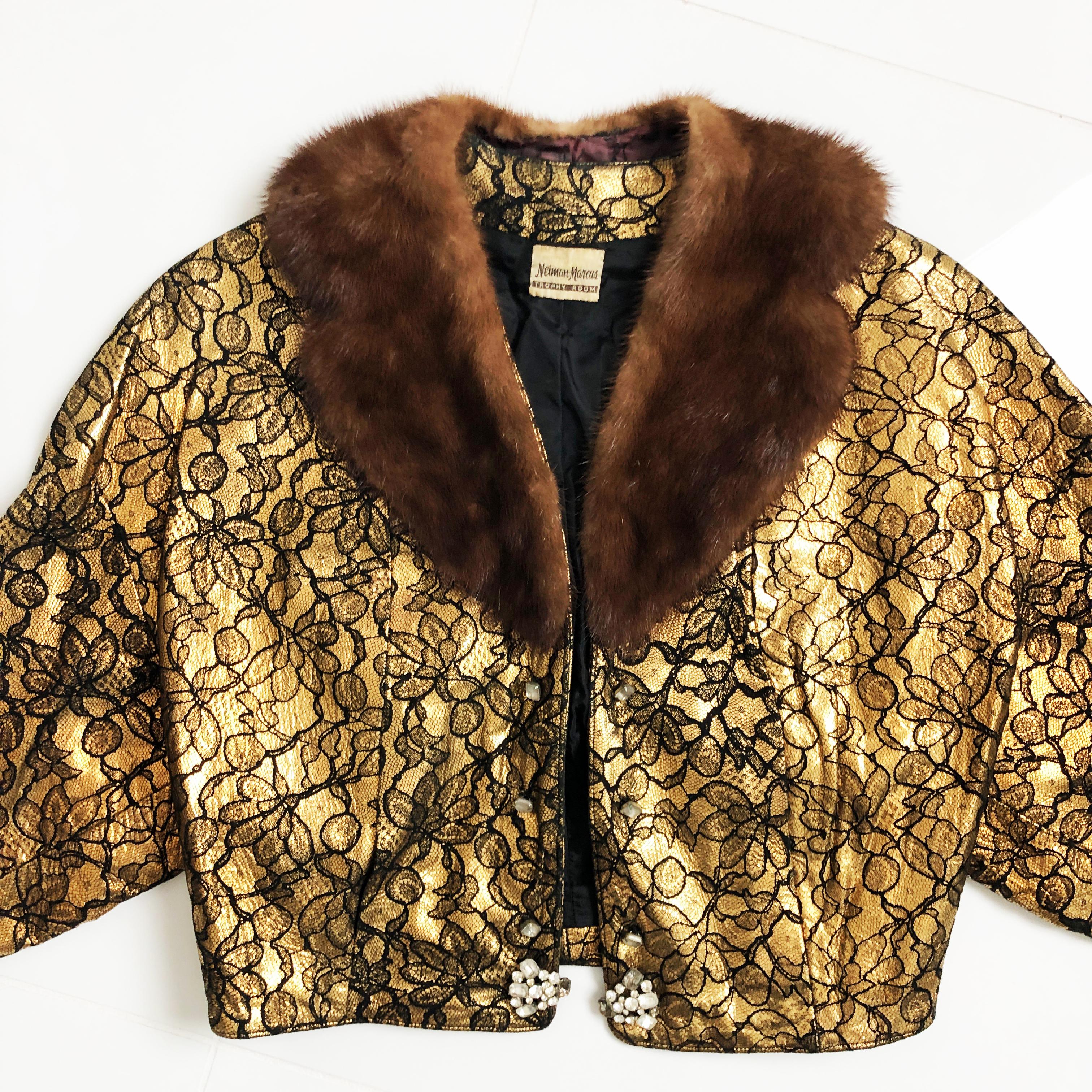 Women's or Men's Cropped Dinner Jacket Mink Collar Gold & Black Neiman Marcus Trophy Room Vintage For Sale