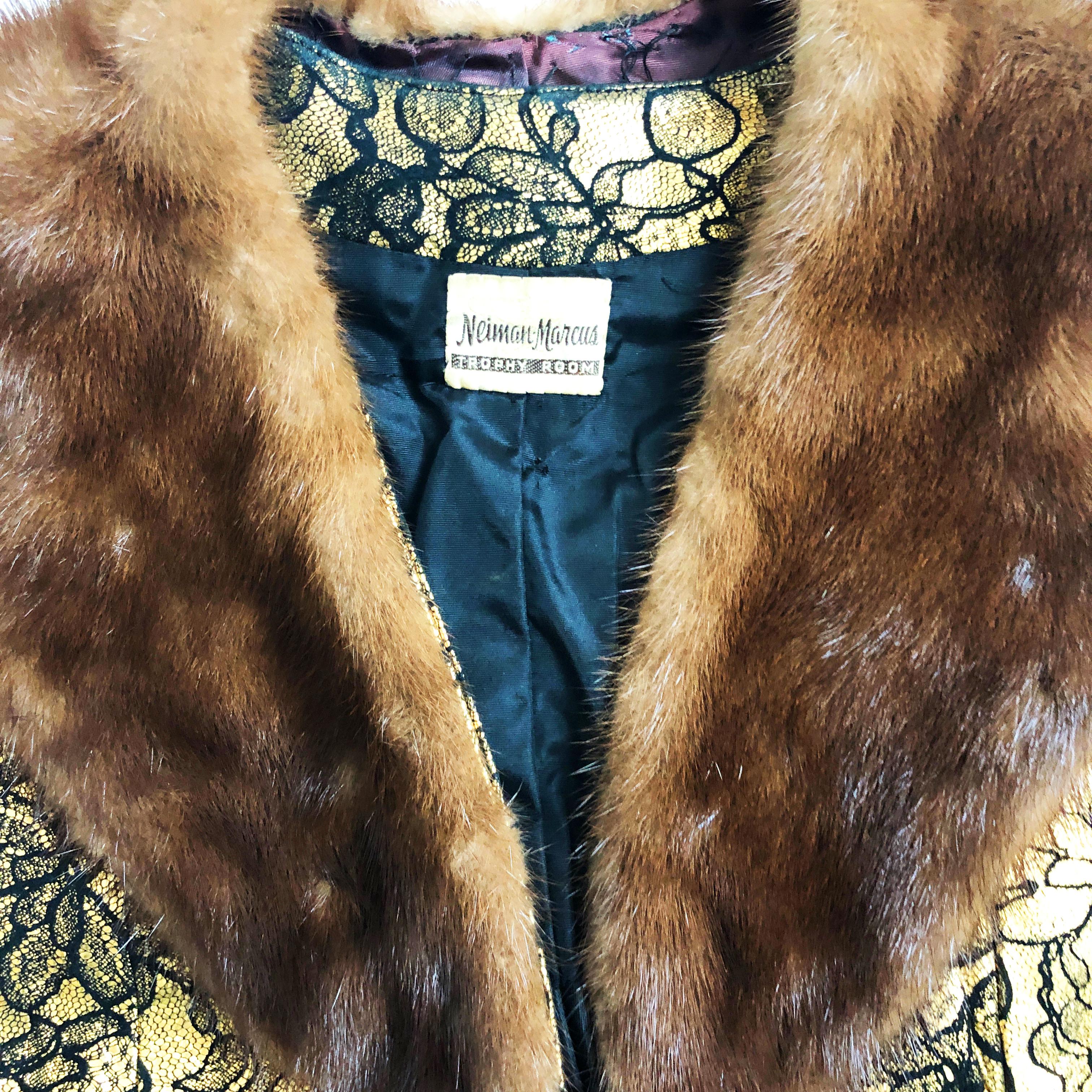 Cropped Dinner Jacket Mink Collar Gold & Black Neiman Marcus Trophy Room Vintage For Sale 1