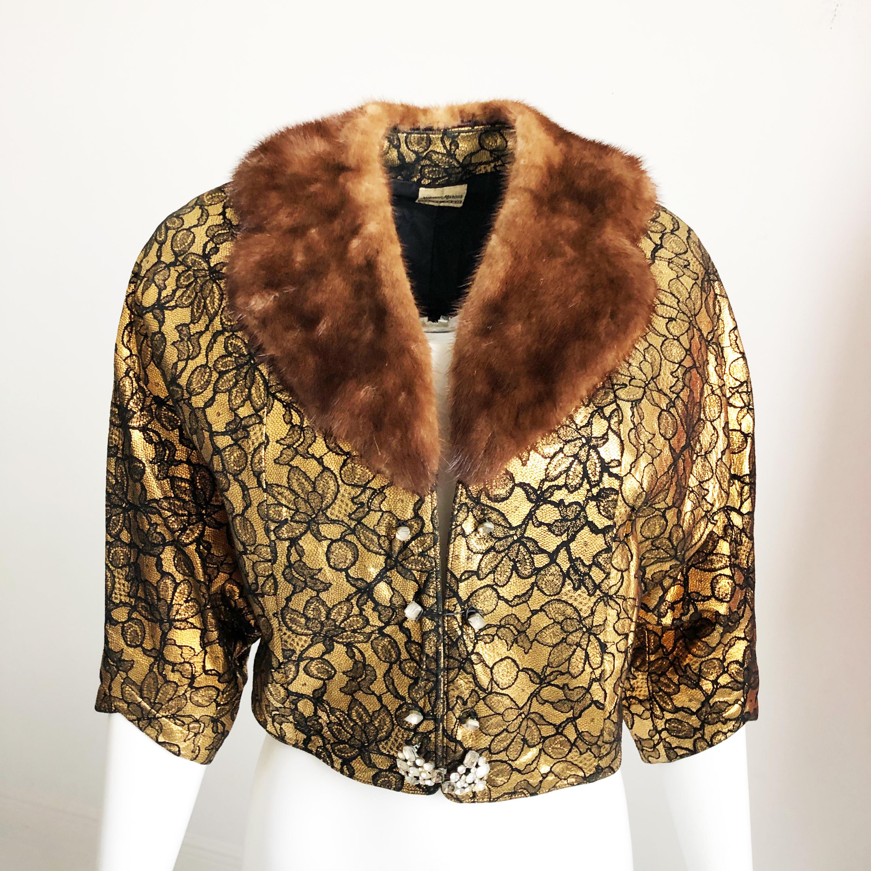 Cropped Dinner Jacket Mink Collar Gold & Black Neiman Marcus Trophy Room Vintage For Sale 3