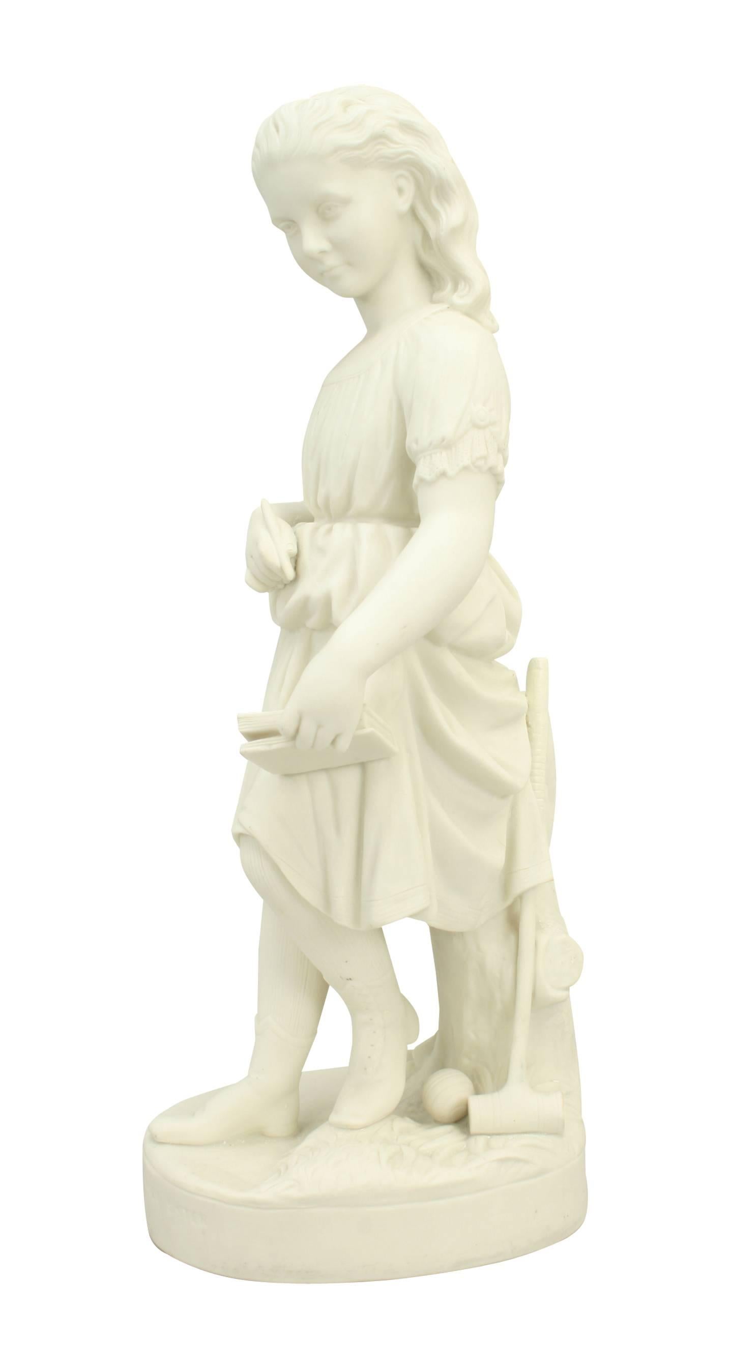 Young England's Sister.
A very fine Copeland figure, parian ware, entitled 'Young England's Sister'. The figure is cast by the sculptor George Halse and she can be seen holding a note book and pencil with a croquet mallet and ball behind her. Mark