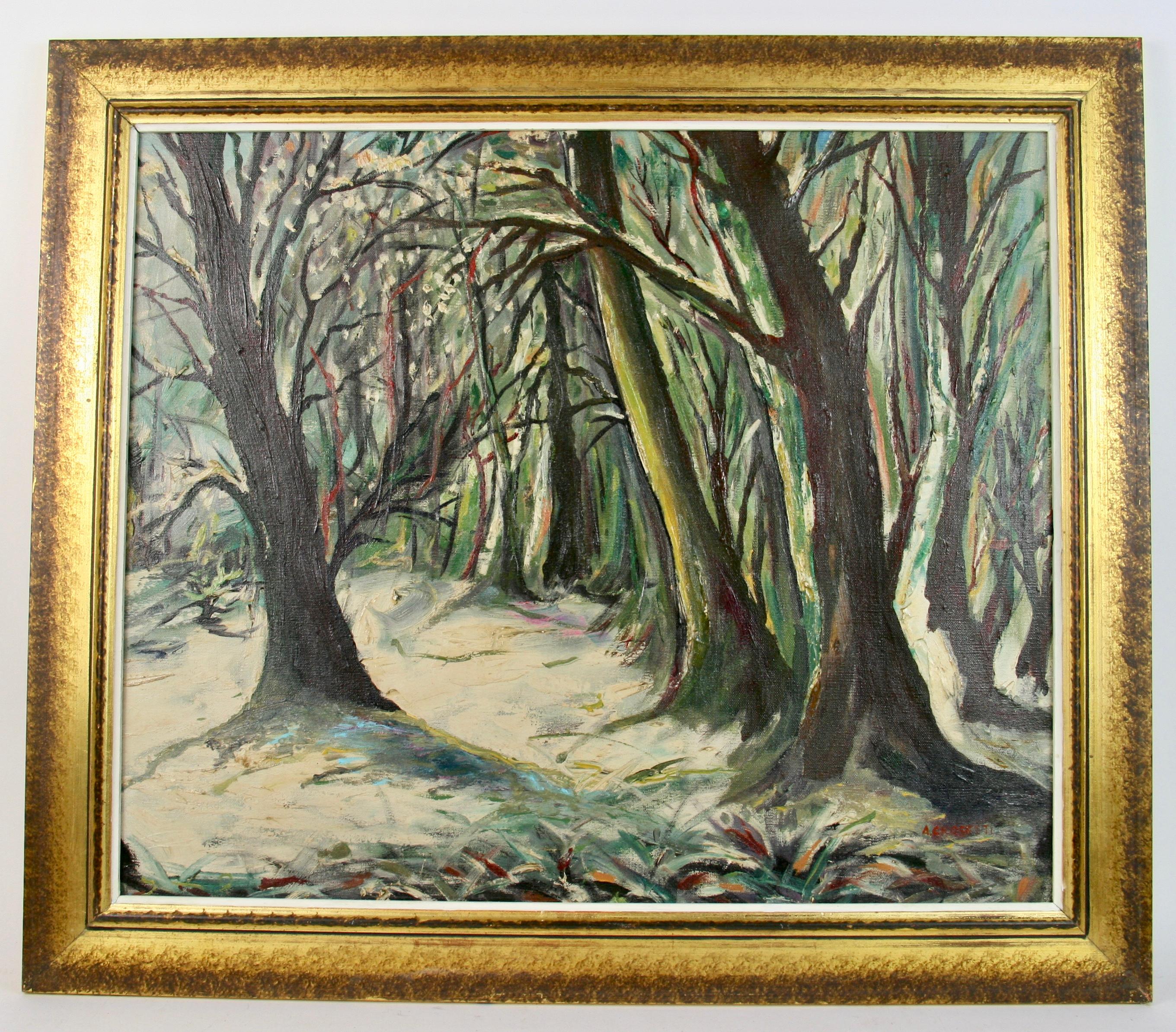 #5-3491 Forest oil on canvas applied to a board, displayed in a gilt-wood frame
Signed by Crossetti lower right.
Image size 19.50 H x 23 W
