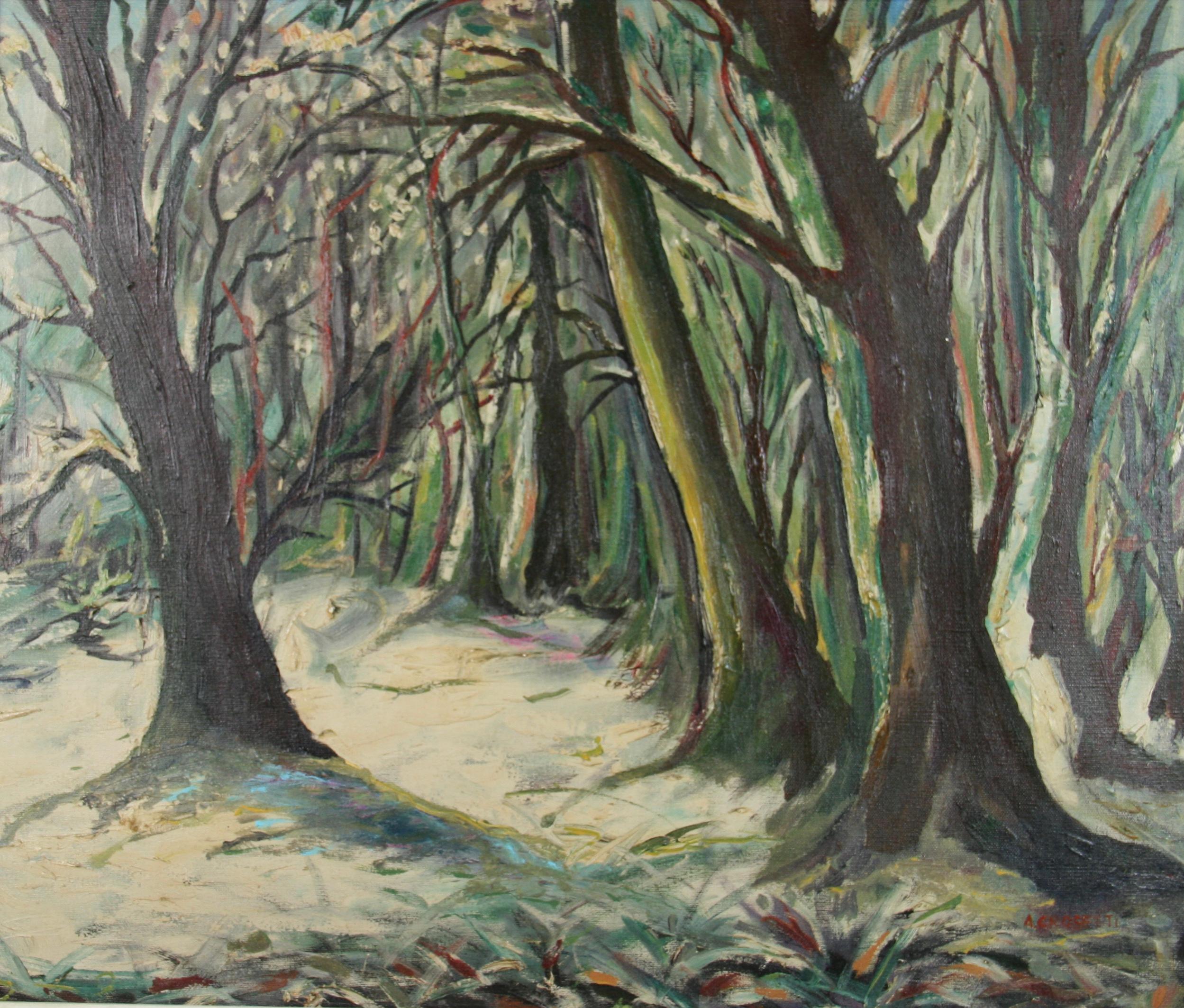 Antico dipinto a olio impressionista del 1940 con luce lunare e paesaggio forestale - Painting di Crosetti