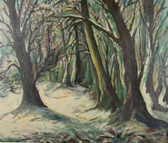 Antique Impressionist Moon Light Forest Landscape Oil Painting 1940