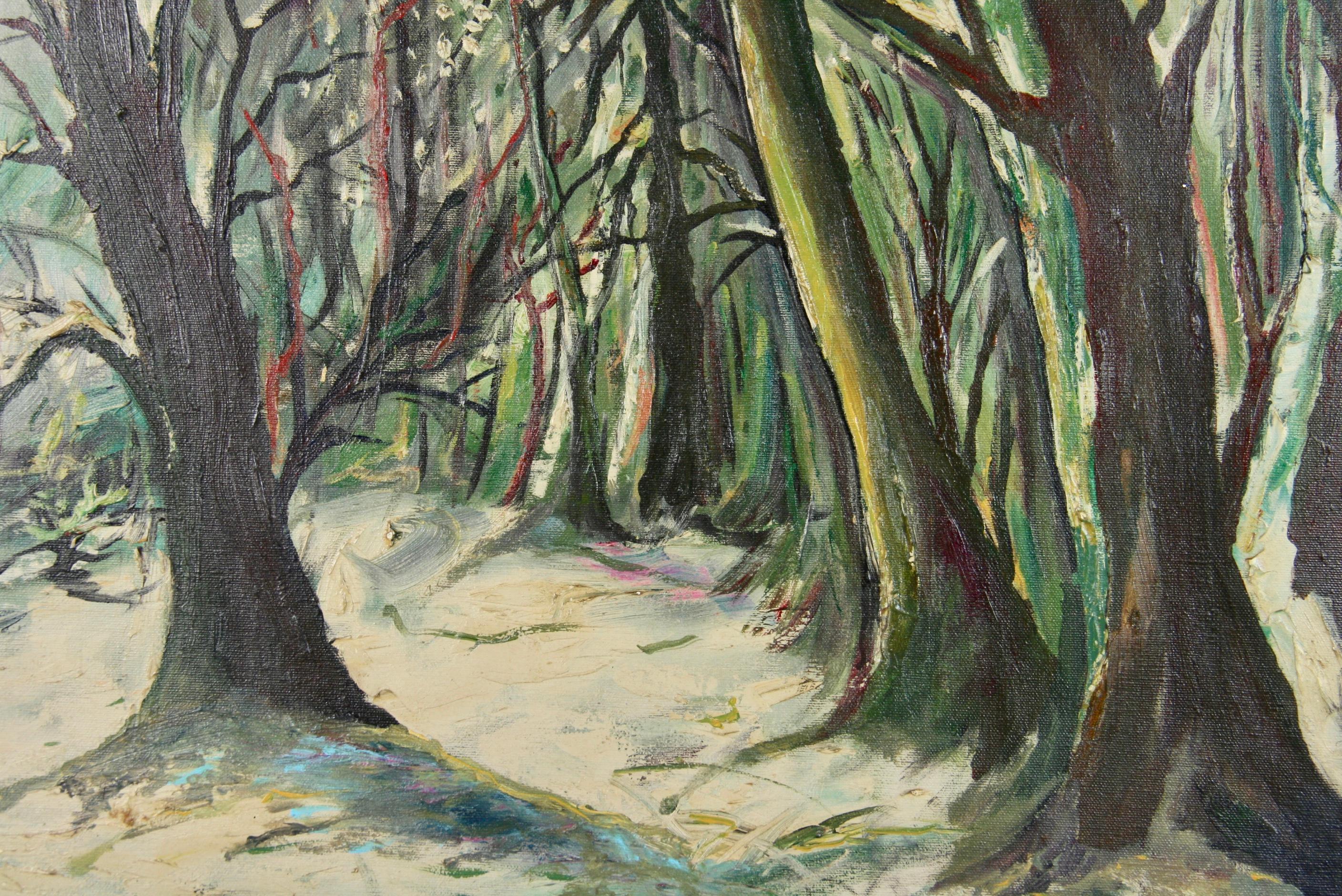 Antico dipinto a olio impressionista del 1940 con luce lunare e paesaggio forestale in vendita 1